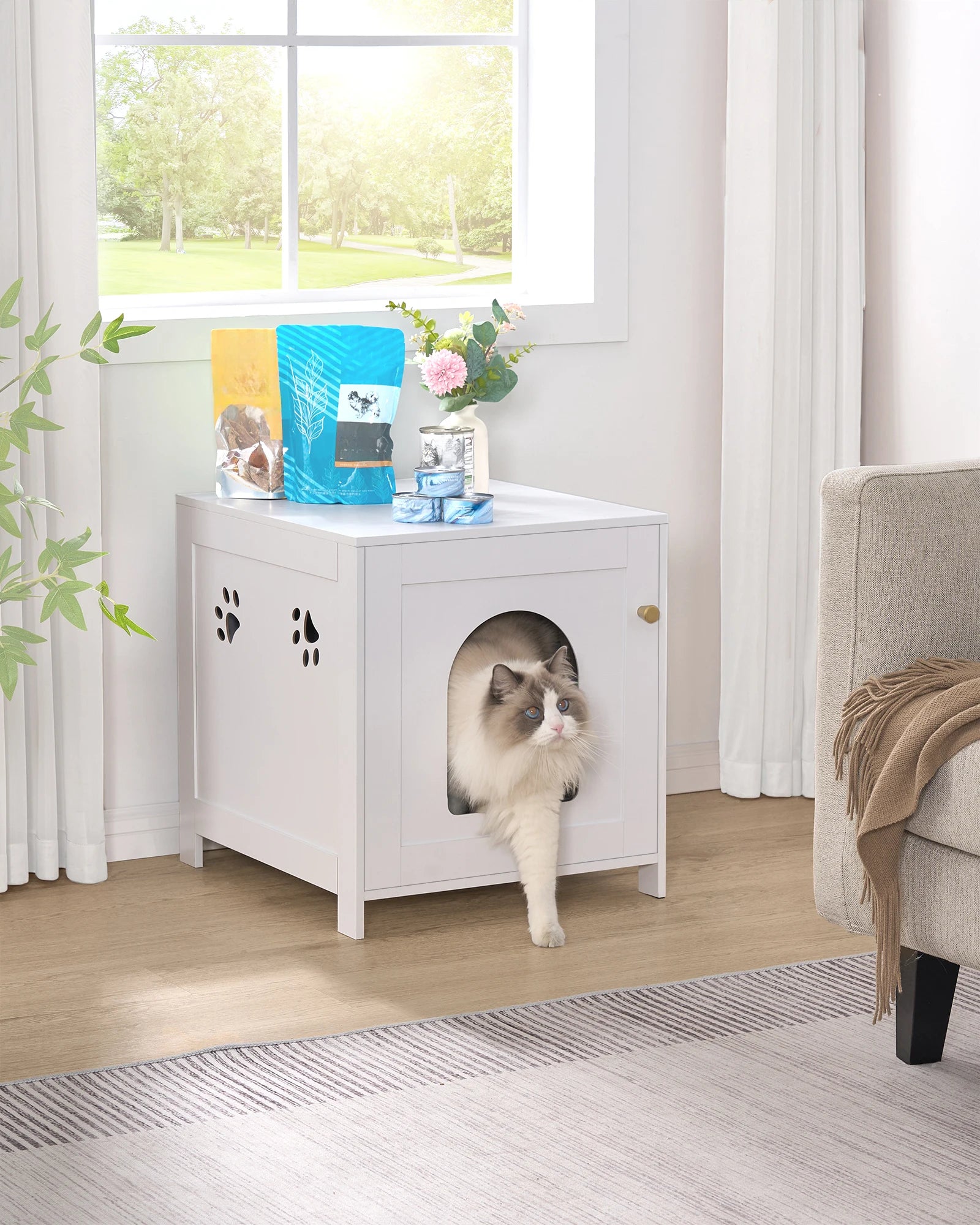 Verborgen kattenbakmeubel – Luxe houten kattenhuis met zijtafelfunctie