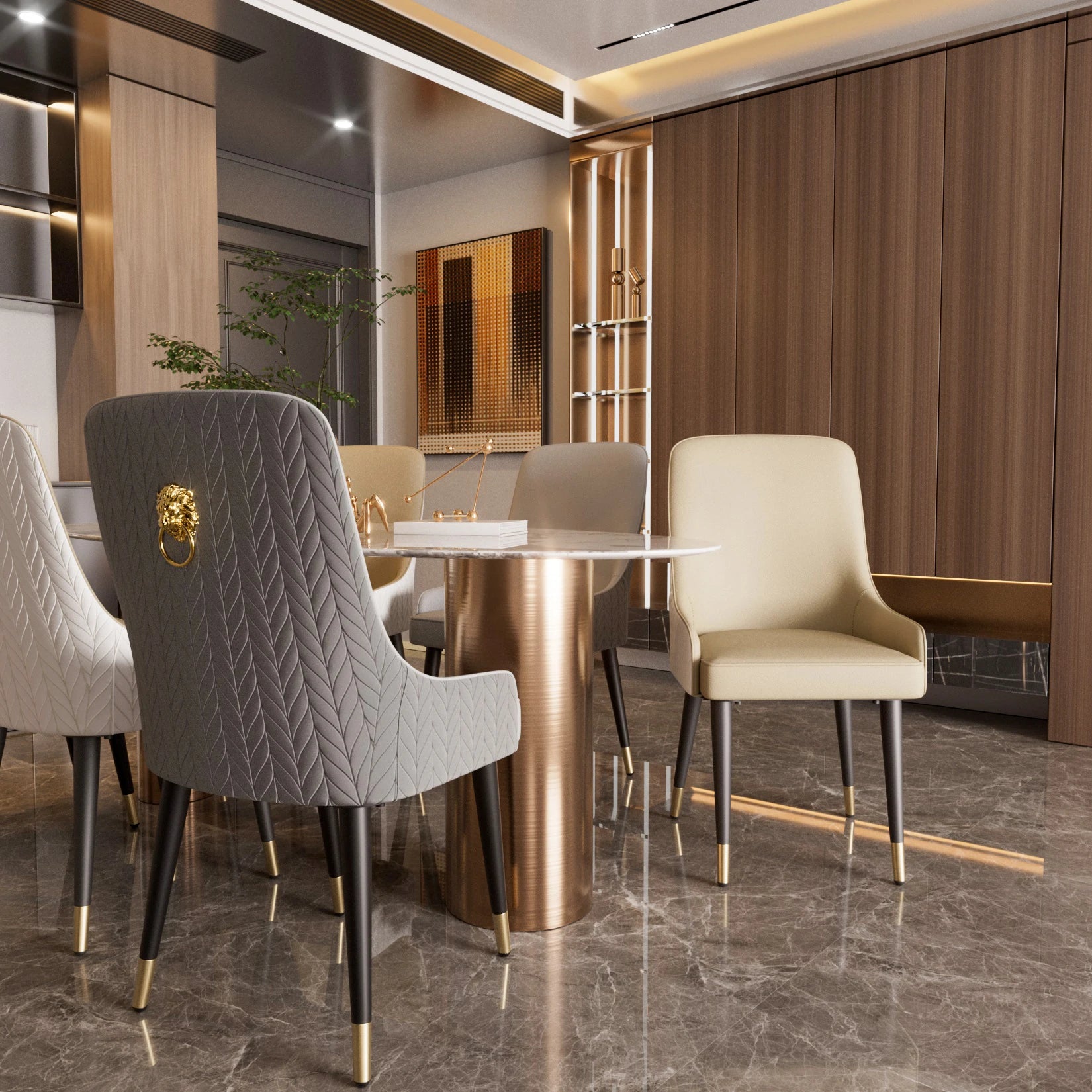 Moderne Eetkamerstoelen Set van 2 – PU Leer met Leeuwenkop Trekring en Metalen Poten