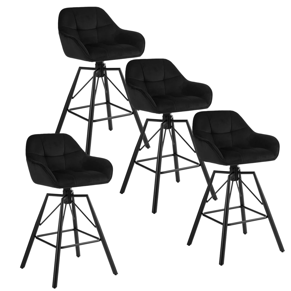 Set van 4 Draaibare Velvet Barstoelen – Zwarte Barkrukken met Rugleuning, Armleuningen & Voetensteun – 360° Draaibaar – Zithoogte 72 cm