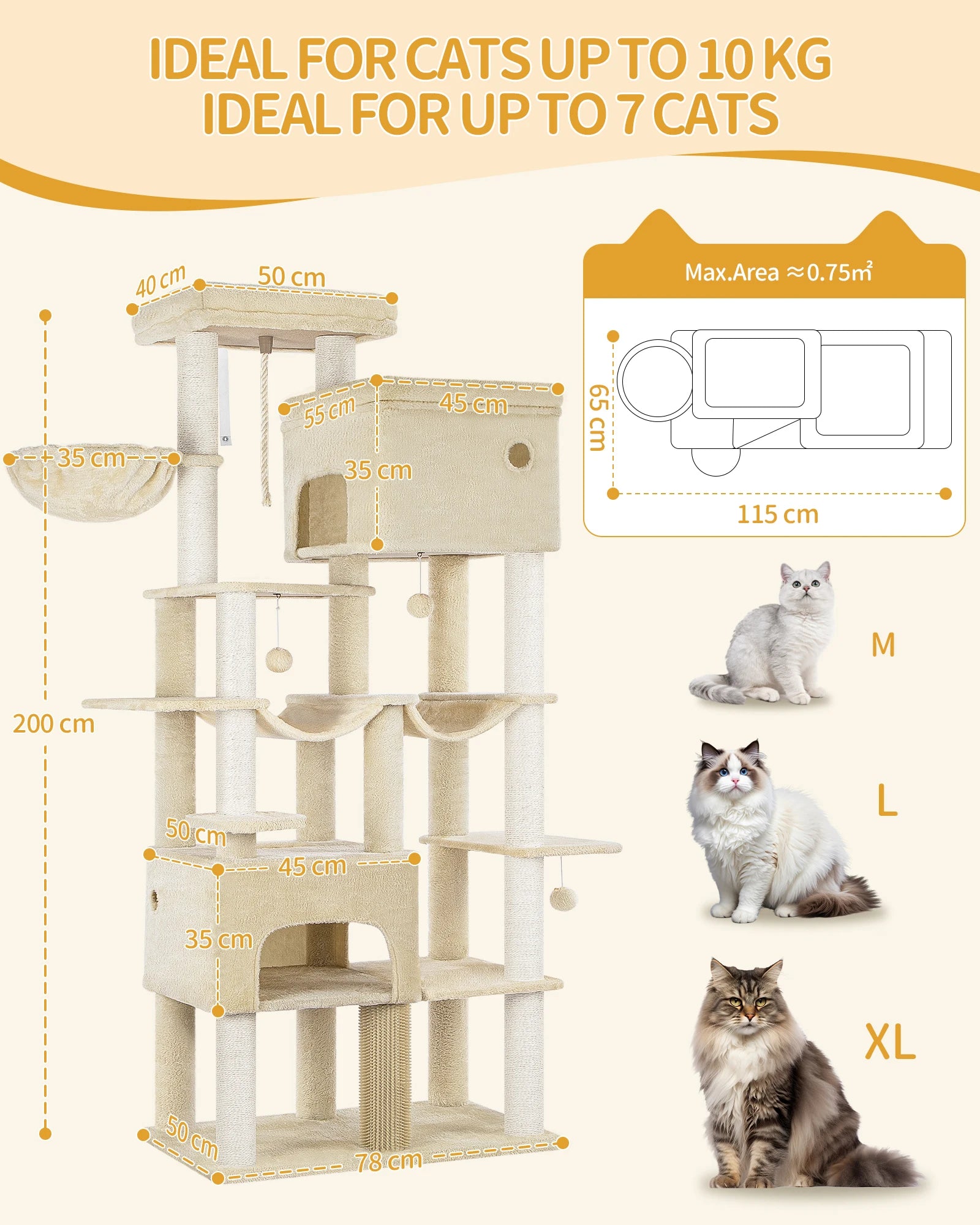 Grote Krabpaal voor Katten XXL – 200 cm Kattenboom met 10 Sisalpalen, 2 Huisjes, Hangmatten & Platform – Voor Grote Katten