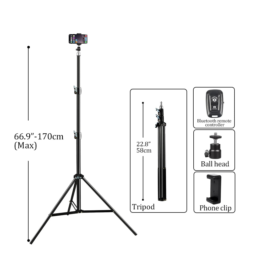 Draagbaar Selfie Lichtstatief 37–200 cm – Verstelbaar Tripod voor Smartphone, Camera en LED Ringlicht