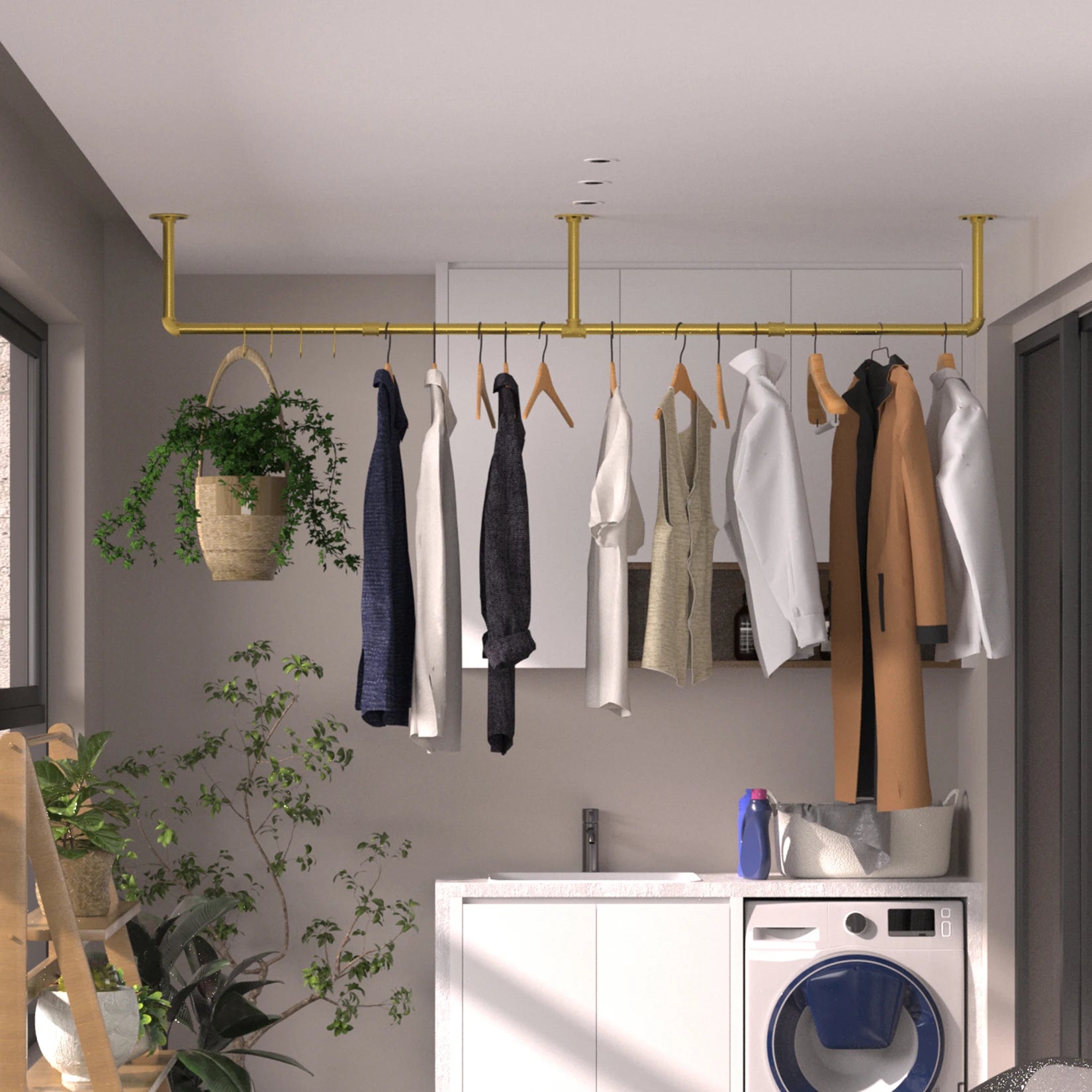 Industrieel Muur Kledingrek Buiswerk – Goud – Wand Kledingstang 180 cm – Ruimtebesparend en Stevig Metaal