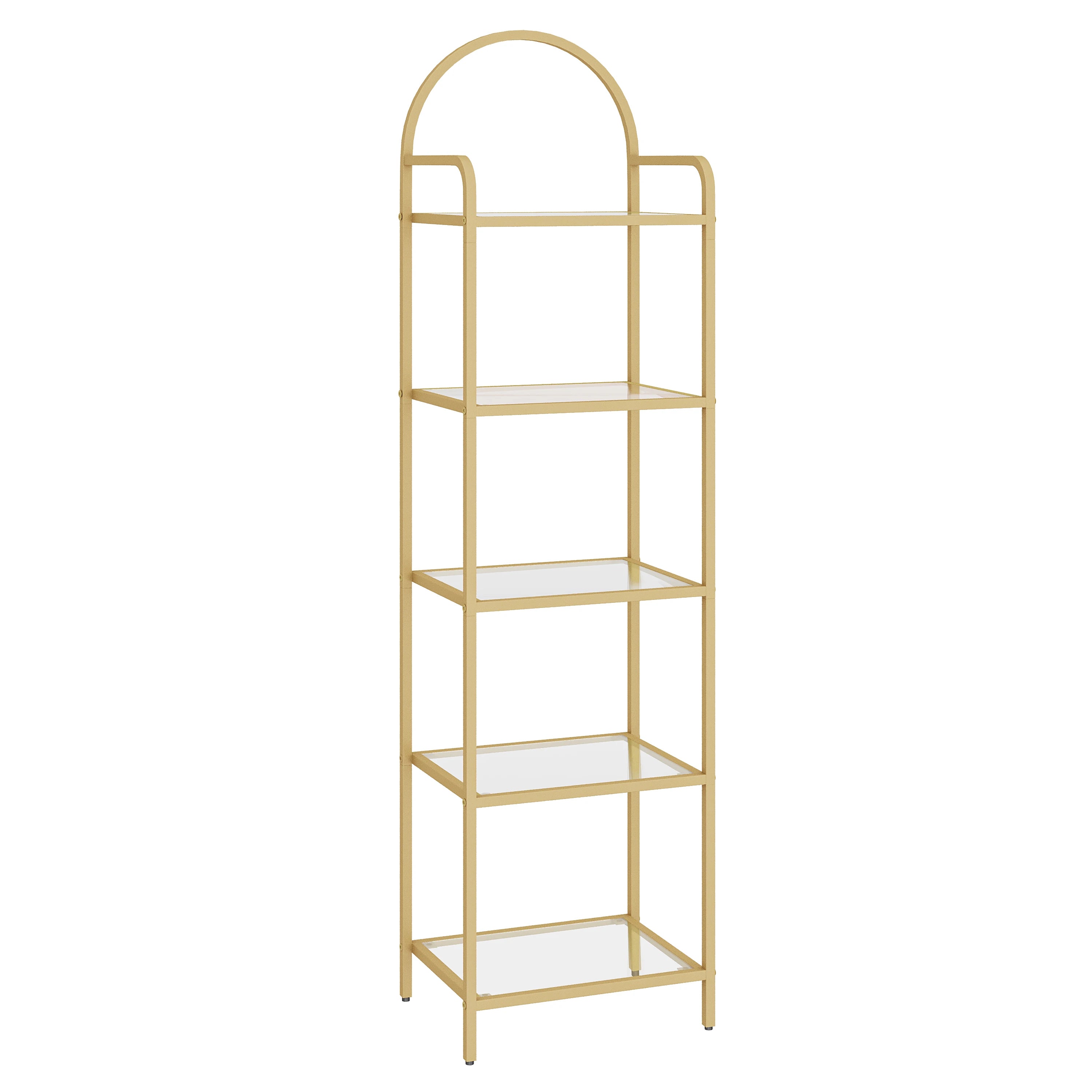 Smalle Boekenkast met Glazen Planken en Goud Stalen Frame – Moderne Open Kast 5 Niveaus voor Woonkamer, Slaapkamer en Badkamer