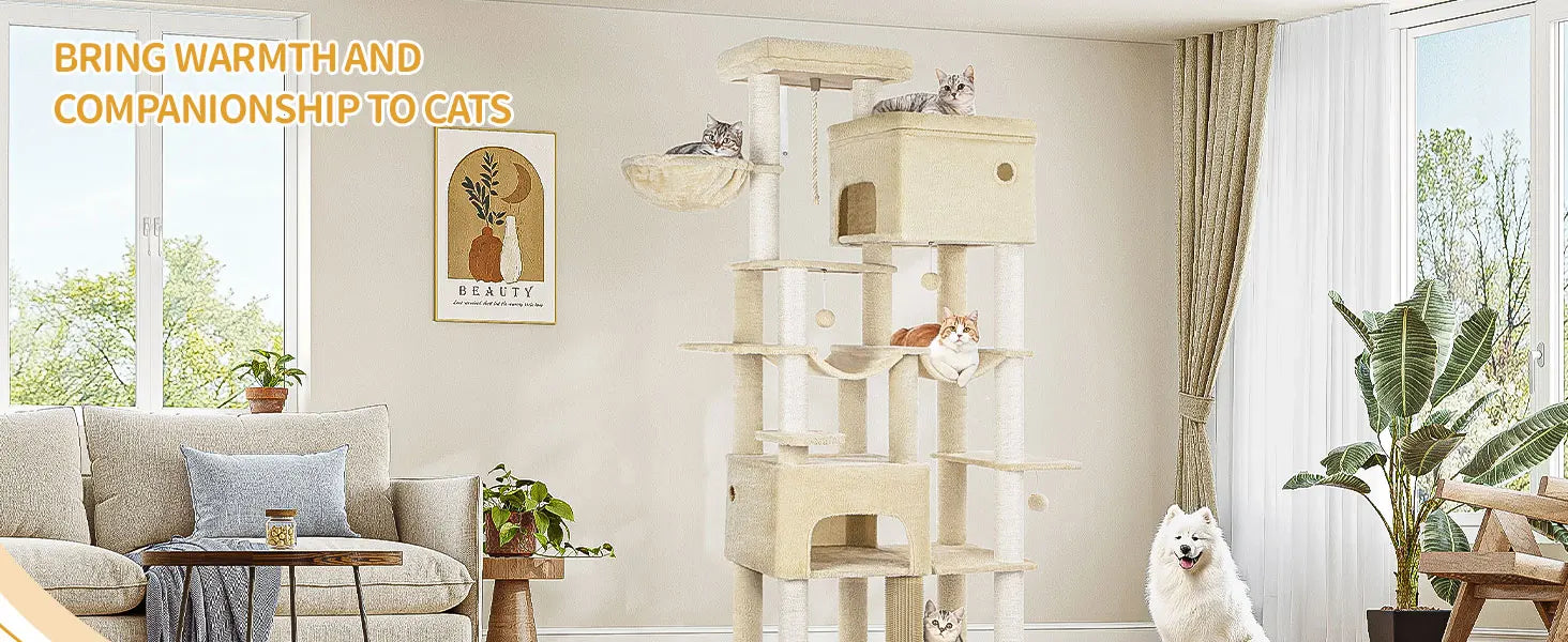 Grote Krabpaal voor Katten XXL – 200 cm Kattenboom met 10 Sisalpalen, 2 Huisjes, Hangmatten & Platform – Voor Grote Katten