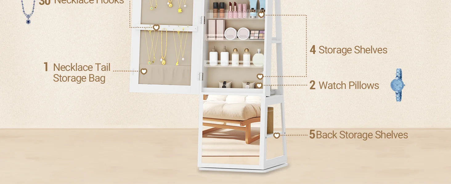 Sieradenkast met Spiegel 360° Draaibaar – Staande Sieraden Organizer met LED Verlichting & Opbergruimte