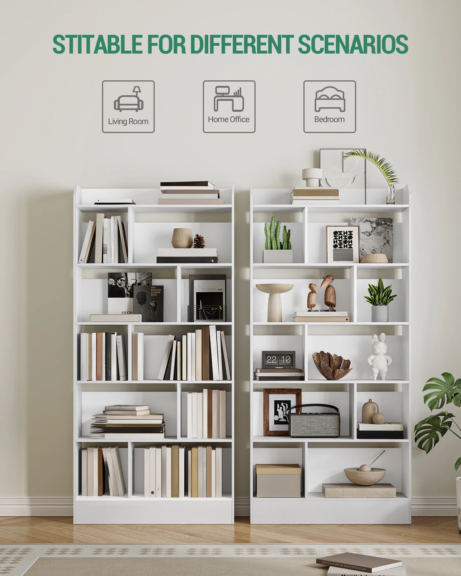 Witte Boekenkast met 6 Vakken – Moderne Opbergkast Staand voor Woonkamer, Slaapkamer en Kantoor