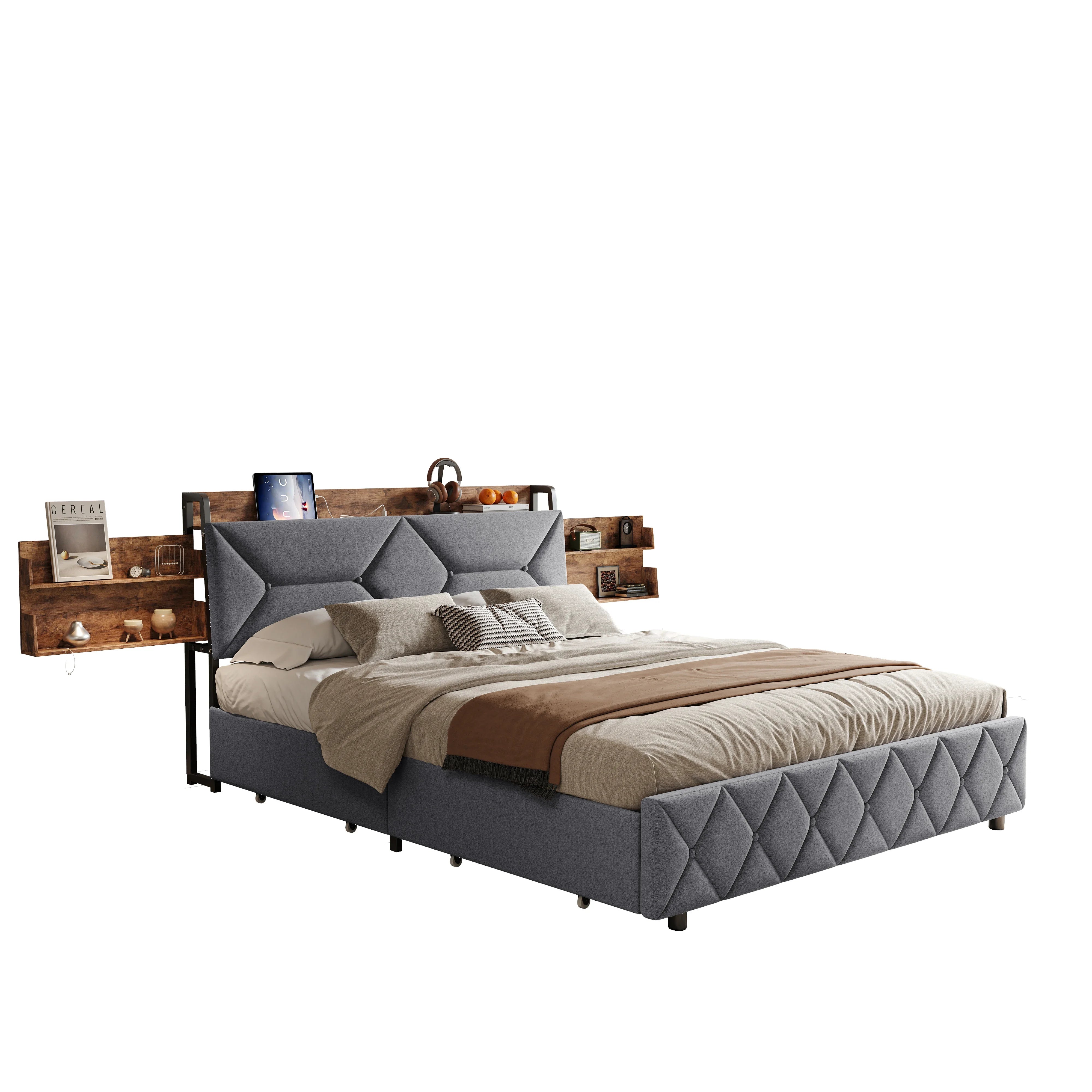 Gestoffeerd tweepersoonsbed met LED‑verlichting, USB‑oplaadfunctie en 4 lades – ideaal voor moderne slaapkamers