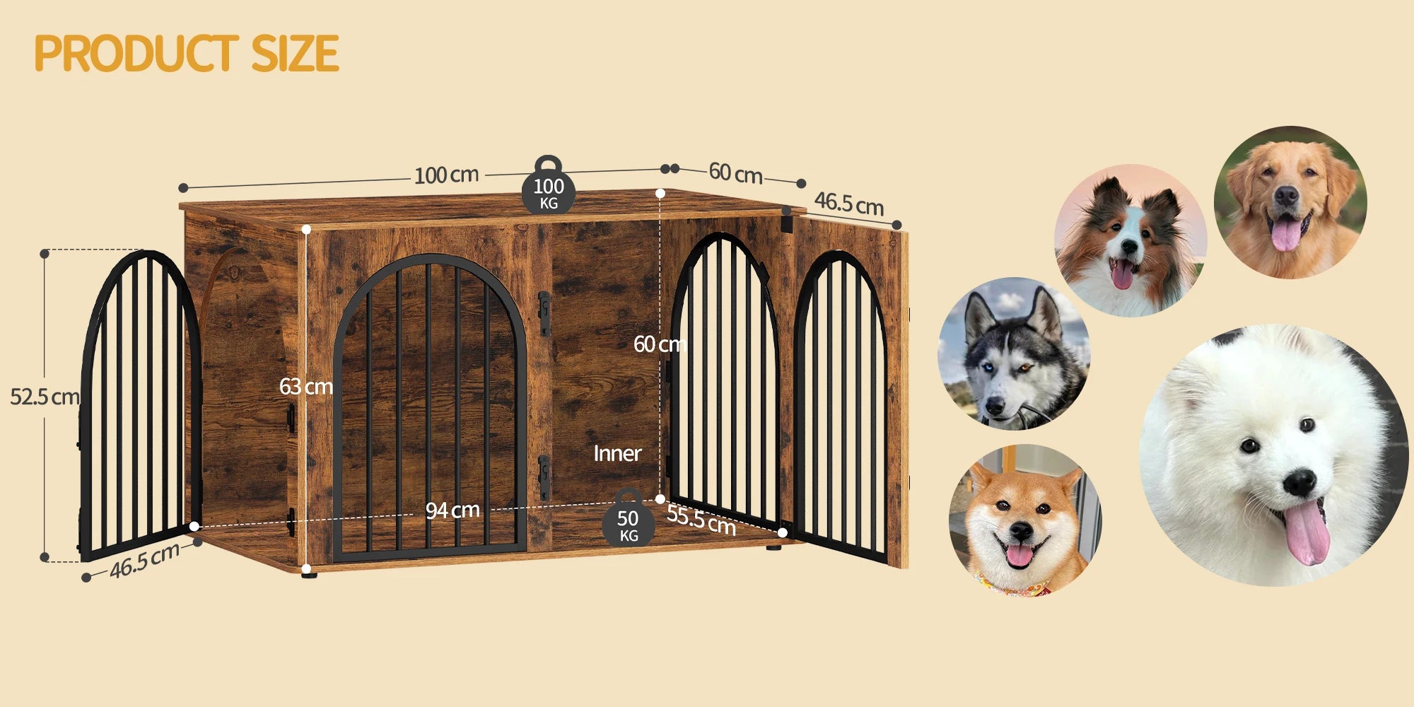 Houten Hondenbench Meubel 100 cm – Luxe Design Hondenkooi met 3 Deuren – Stevige Dog Crate voor Binnen – Bijzettafel & TV Meubel