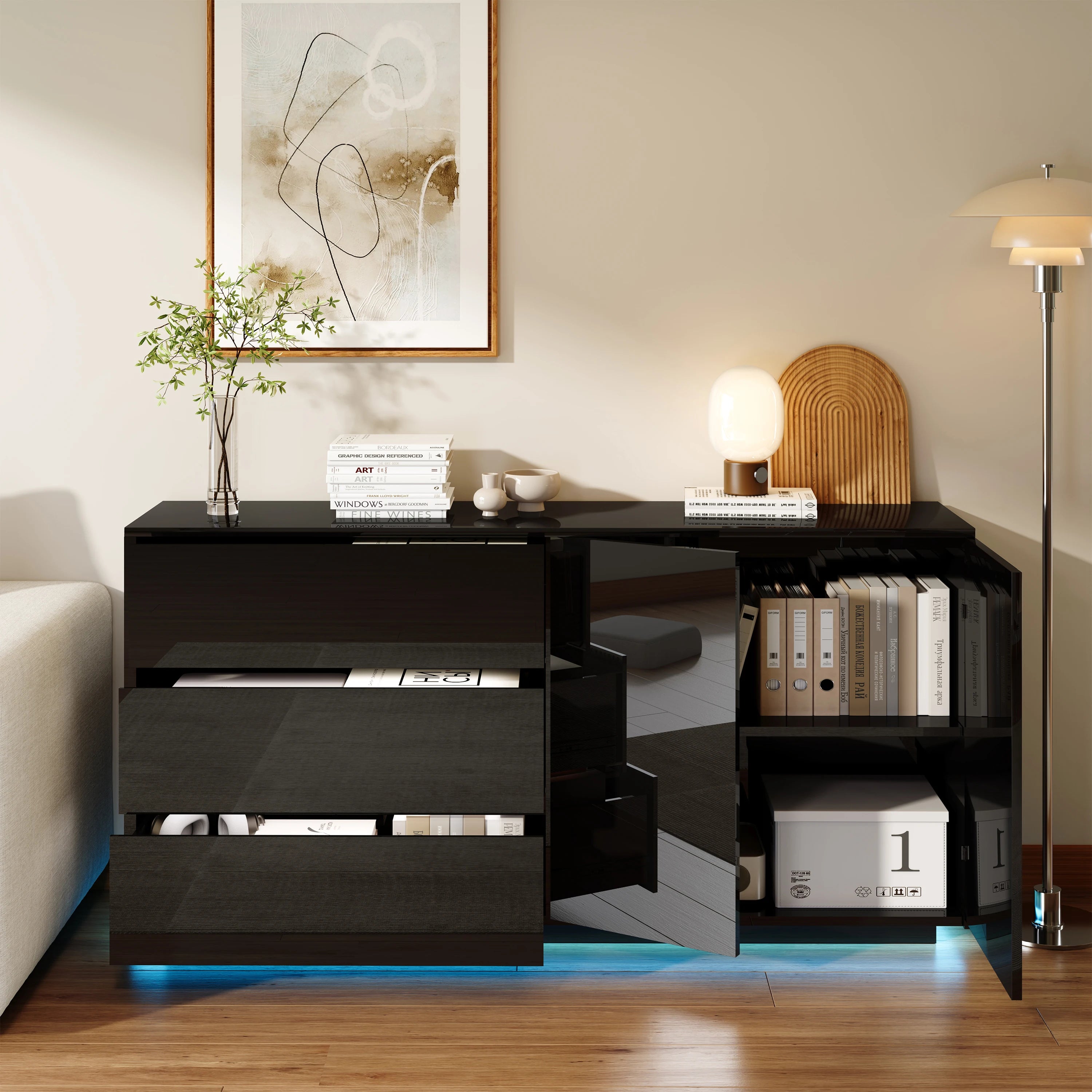 Hoogglans Buffetkast met LED Verlichting – Modern Dressoir met Opbergruimte