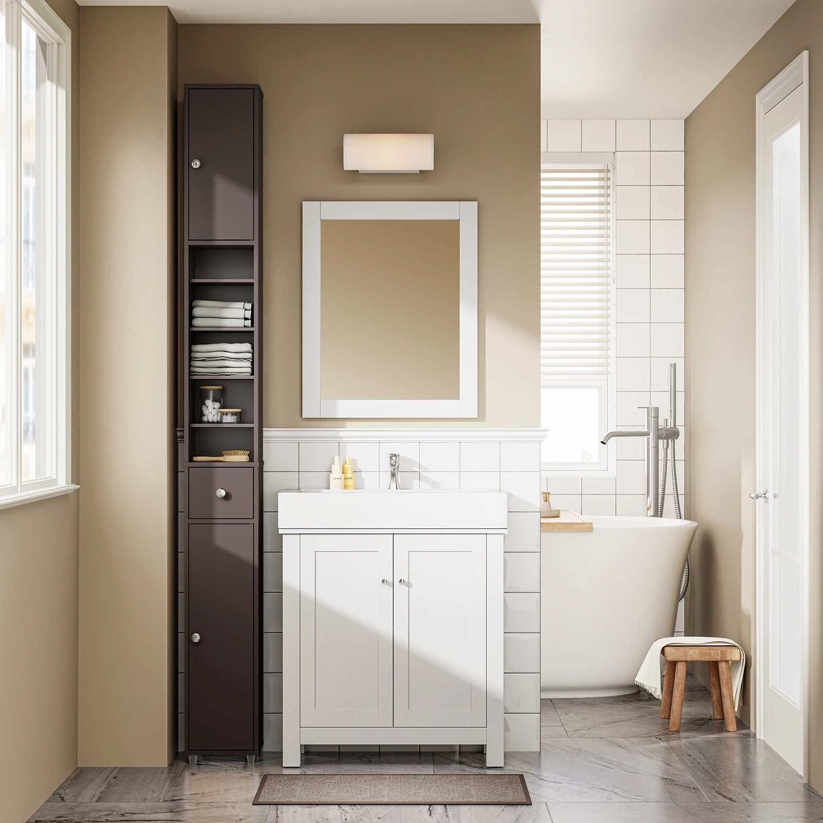Hoge, Smalle Badkamerkast 20×180×20 cm – Vochtbestendige Opbergkast met Lade en Verstelbare Planken