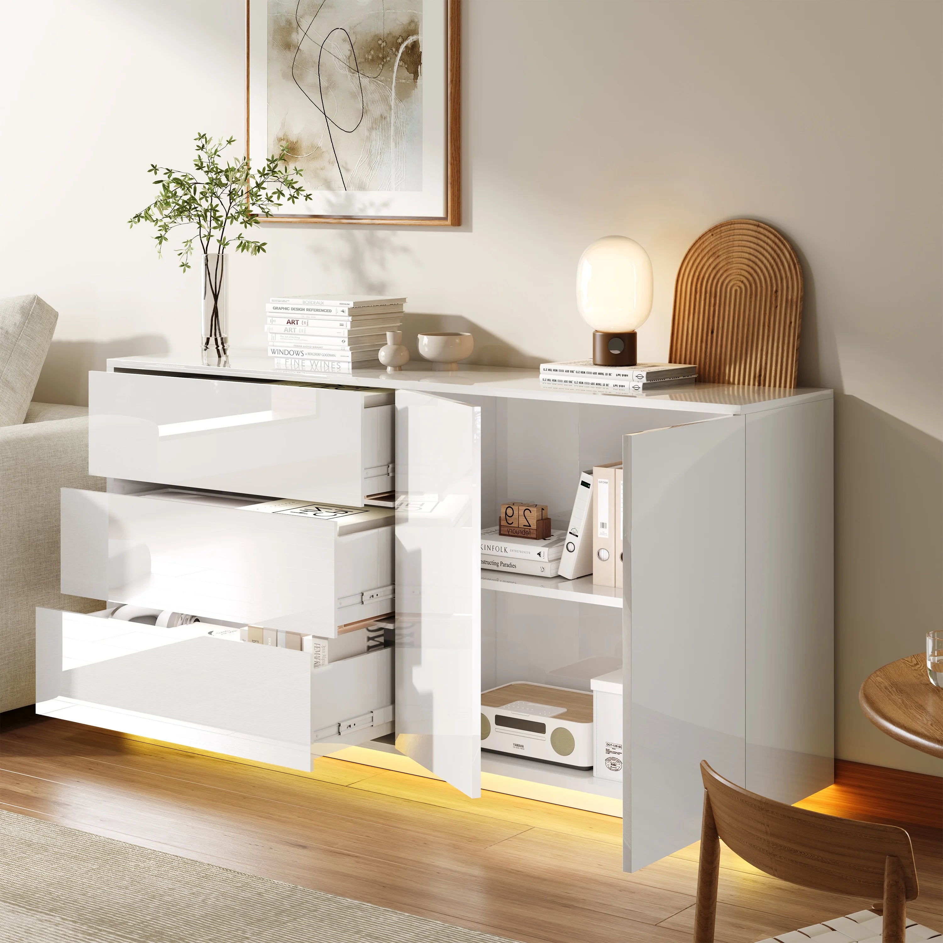 Hoogglans Buffetkast met LED Verlichting – Modern Dressoir met Opbergruimte