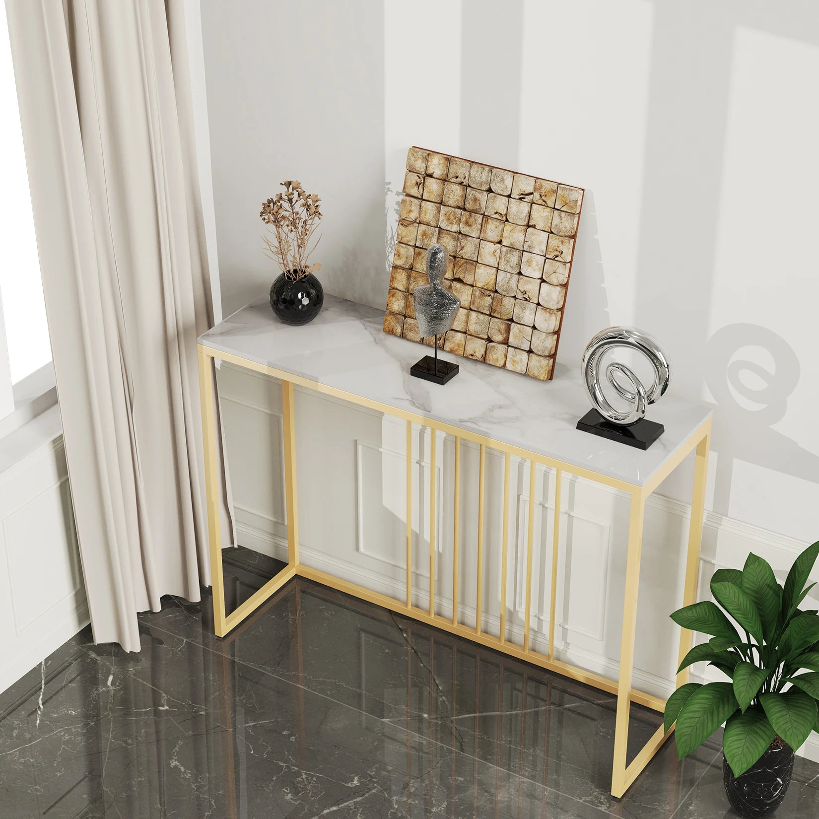 Moderne Marmeren Sidetable met Goud Frame – Smalle Console Tafel voor Hal, Entree en Woonkamer