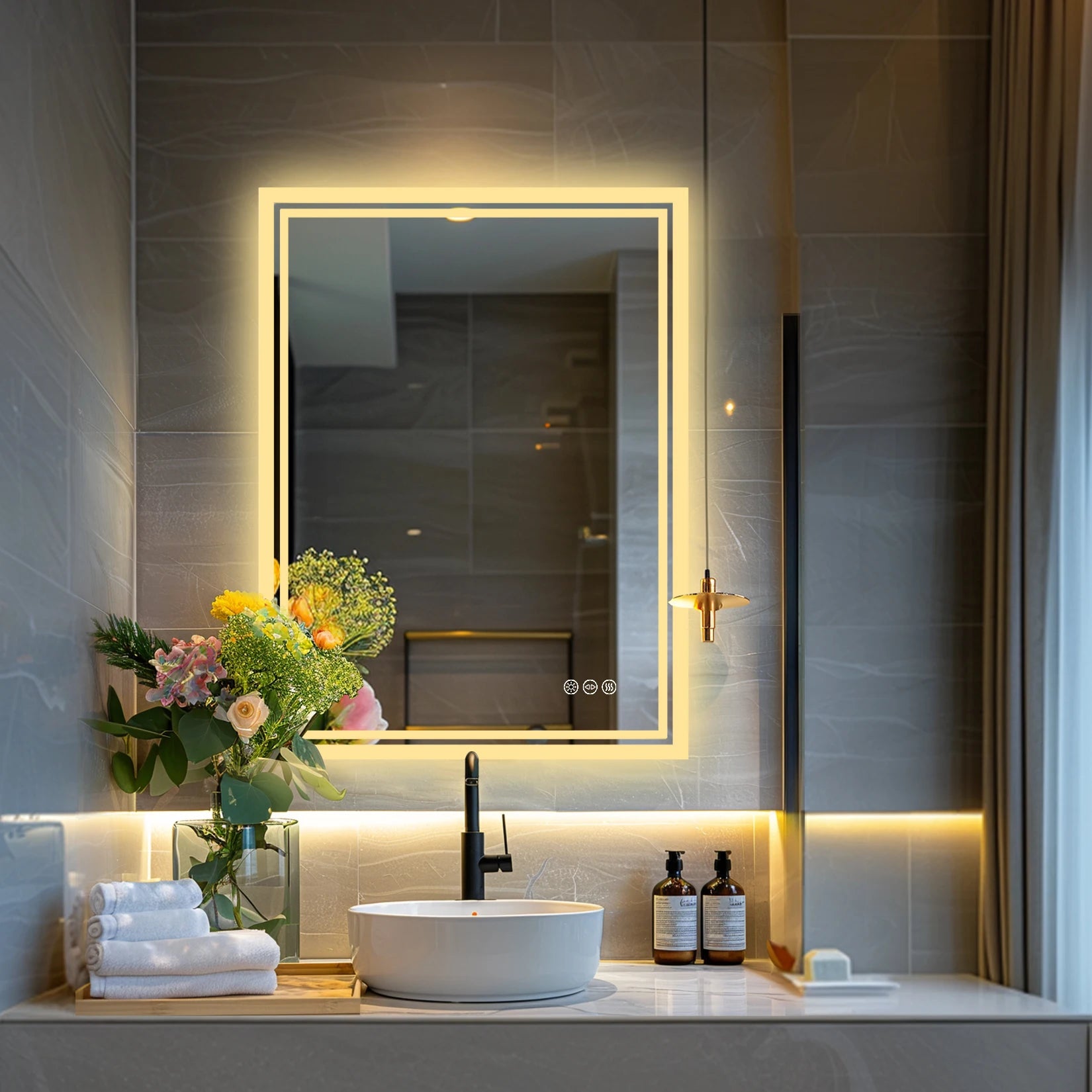 LED Badkamerspiegel met Verlichting – Dimbaar, Anti-Condens, Touch Bediening, IP65 Waterbestendig, Warm & Koel Licht
