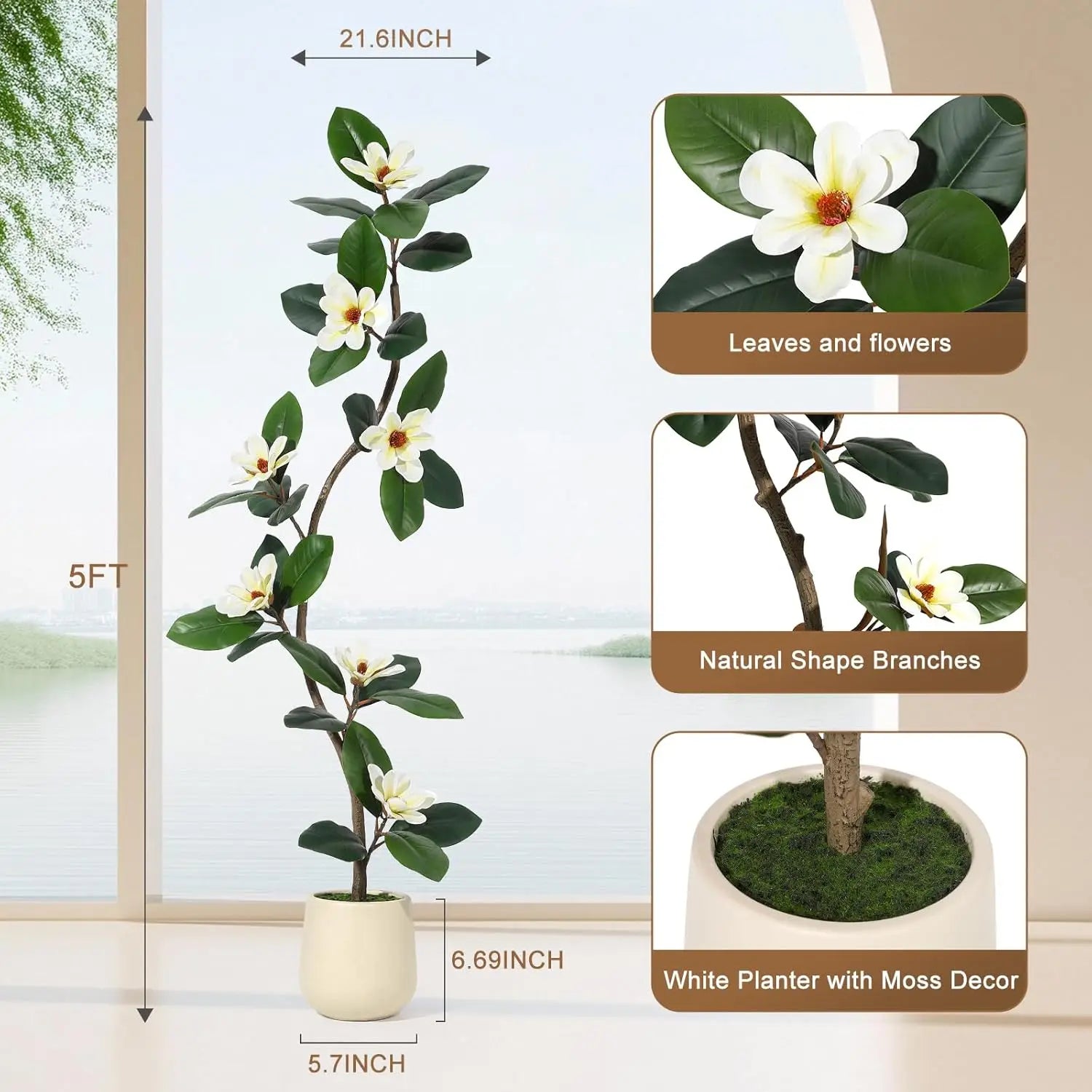 Kunstmatige Rubberboom met Magnoliabloemen – S-vormige Nepplant in Witte Pot voor Binnen, Realistische Kunstplant Groot Formaat