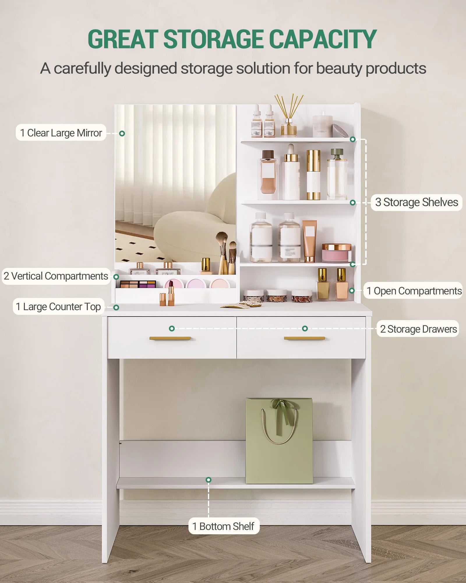 Kaptafel met Spiegel en Lades – Witte Make-up Tafel met Opbergruimte, 4 Open Planken & 2 Lades – Moderne Vanity Tafel Slaapkamer