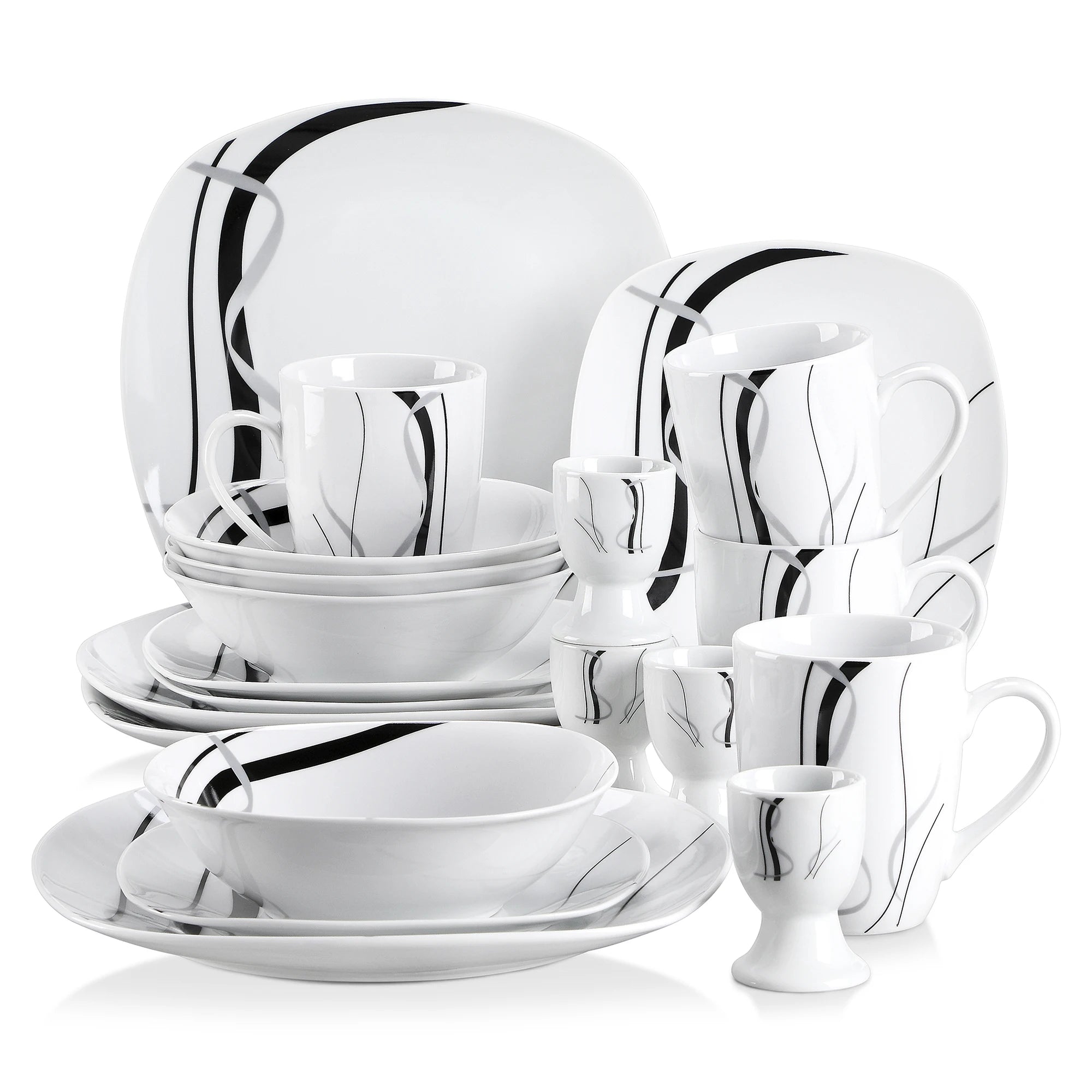 20-delige Serviesset Zwart Gestreept Porselein – Modern Servies voor 4 Personen – Vaatwasserbestendig