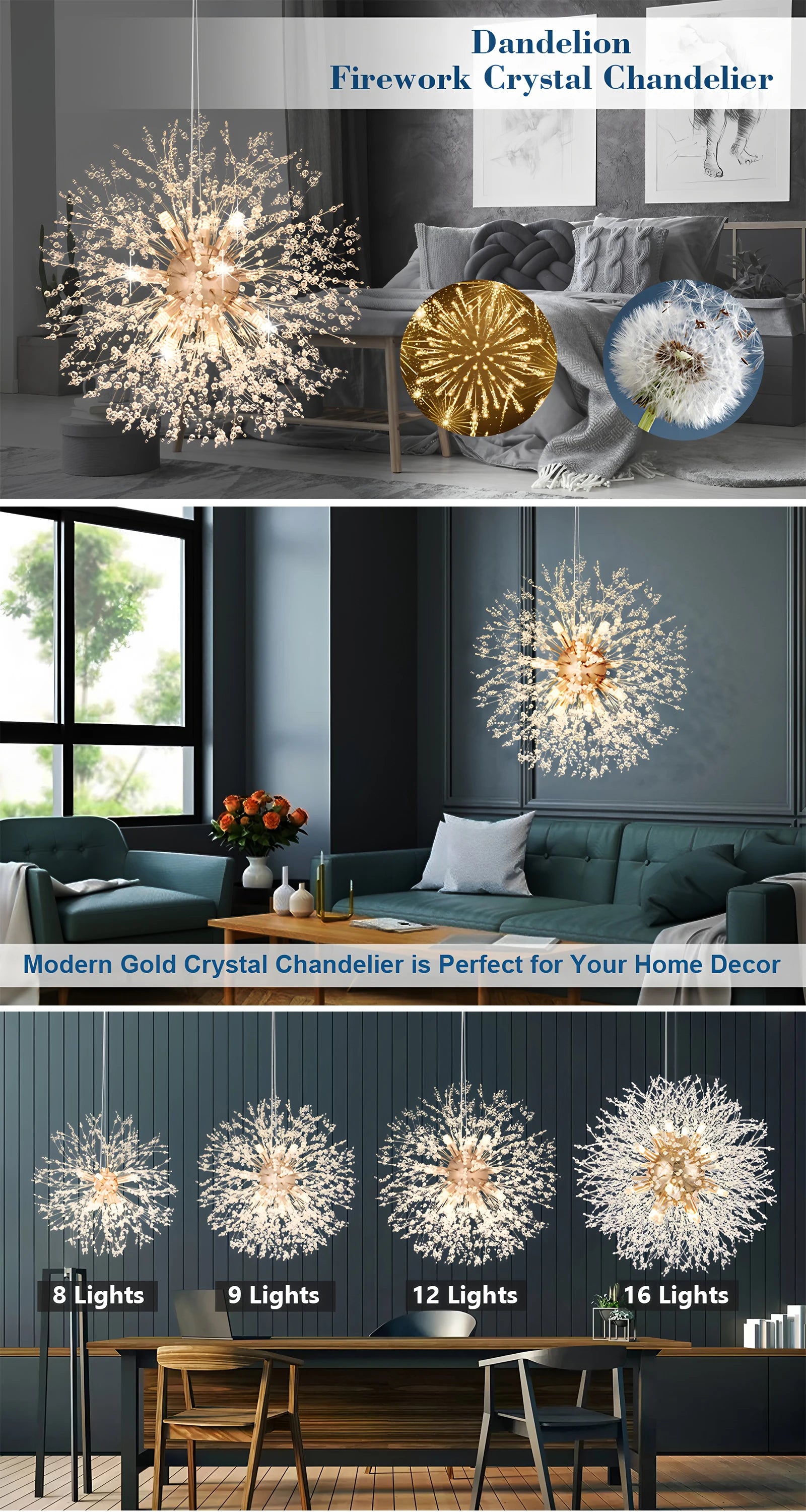 Luxe Paardenbloem Plafondlamp met Kristal – Moderne LED Kroonluchter Goud/Zilver met Afstandsbediening