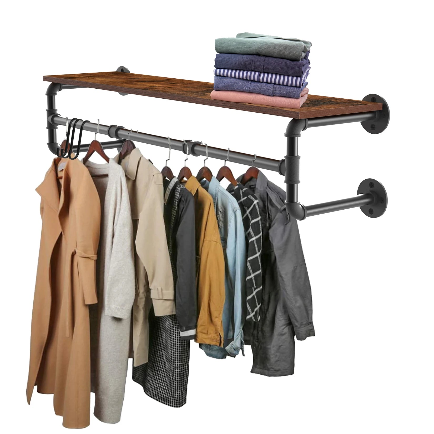 Industrieel Kledingrek Wand met Houten Plank – Metalen Pipe Wandrek met Opbergplank en Haken