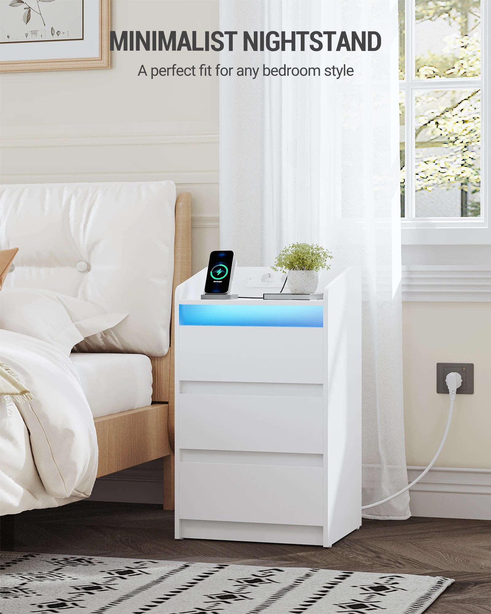 Nachtkastje Set van 2 met 3 Lades – LED Verlichting & Oplaadstation (2 AC + 2 USB) – Moderne Witte Bedside Tables voor Slaapkamer