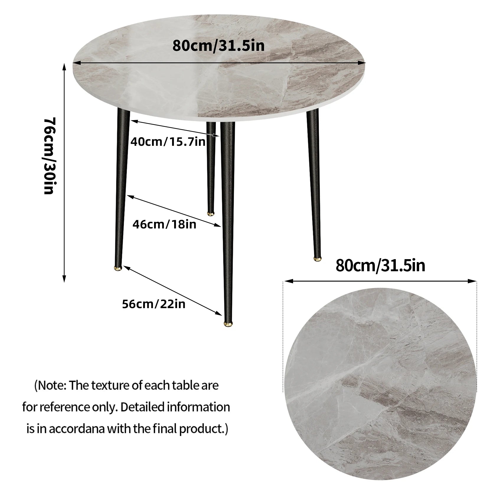 Ronde Eettafel 80 cm Sintersteen – Moderne Marmer Look Tafel met Zwarte Metalen Poten voor 2-4 Personen