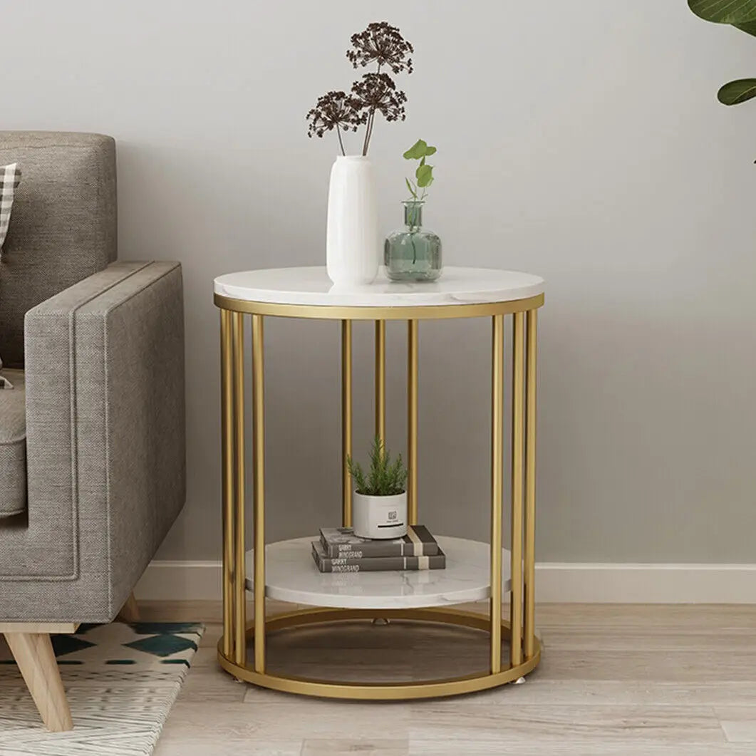 2-Laags Ronde Bijzettafel met Marmerlook – Moderne Salontafel & Nachtkastje met Opbergruimte – Wit Design