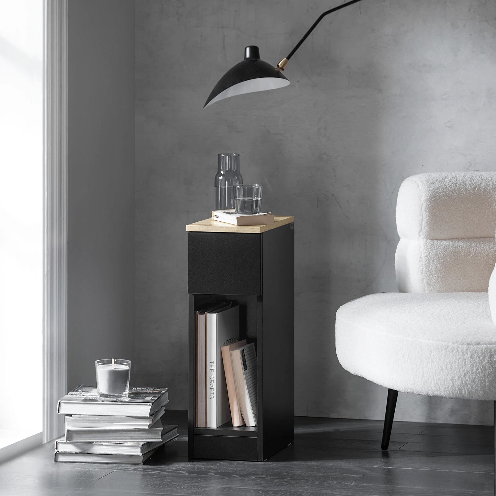 Smal Nachtkastje met Lade – 20 cm Breed Moderne Bijzettafel voor Slaapkamer en Woonkamer