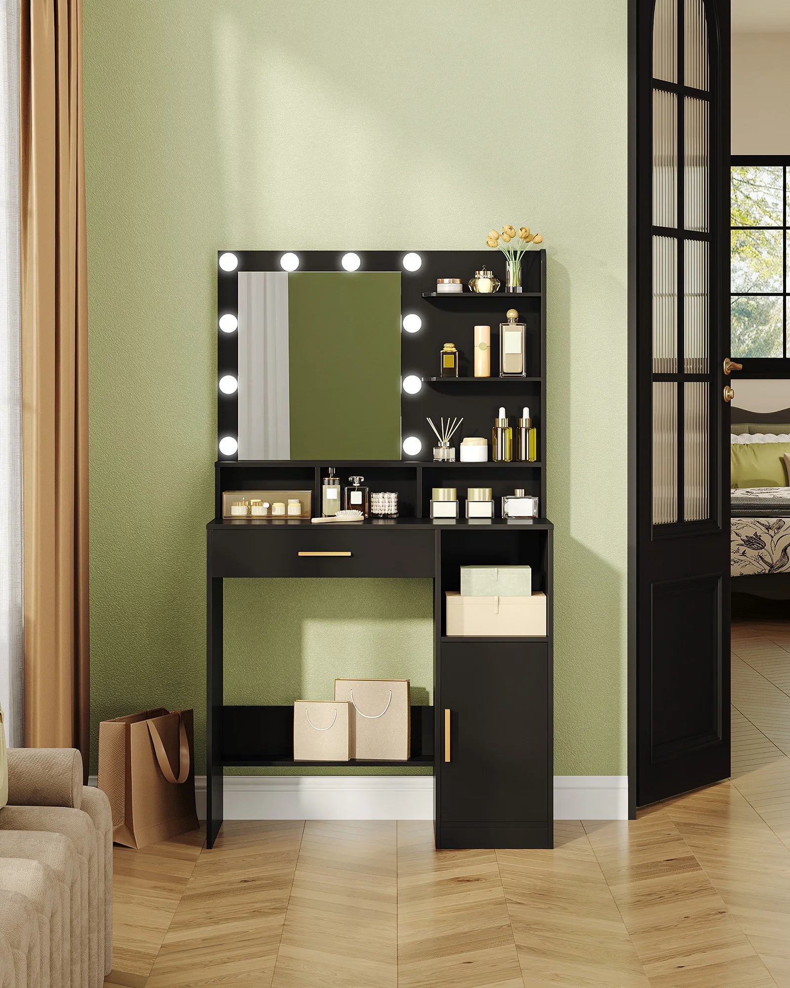Make-up Tafel met Spiegel en LED Verlichting – Dressing Table met Lade, Planken en Opbergruimte – Modern Minimalistisch