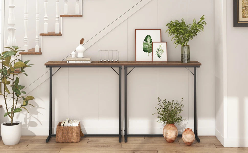 Smalle Industriële Sidetable / Console Tafel – Haltafel, Sofa Tafel voor Woonkamer en Gang – Zwart & Rustiek Bruin