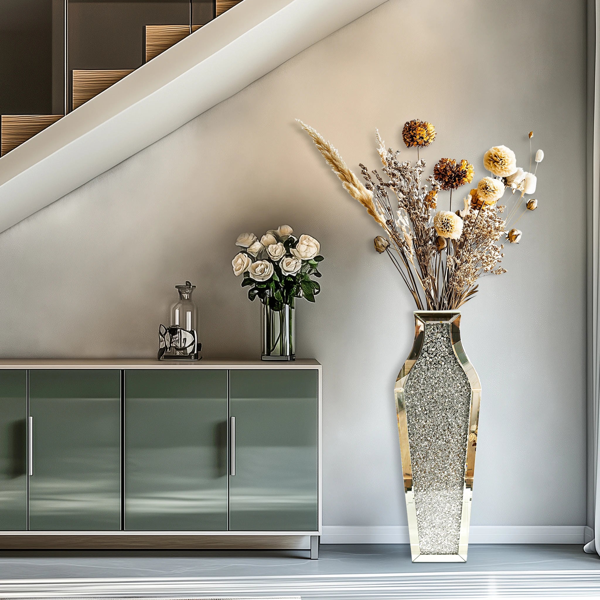 Luxe Zilveren Vloervaas met Diamant Design – Grote Glazen Kristal Bloemenvaas – Modern & Hotel Chique Interieur