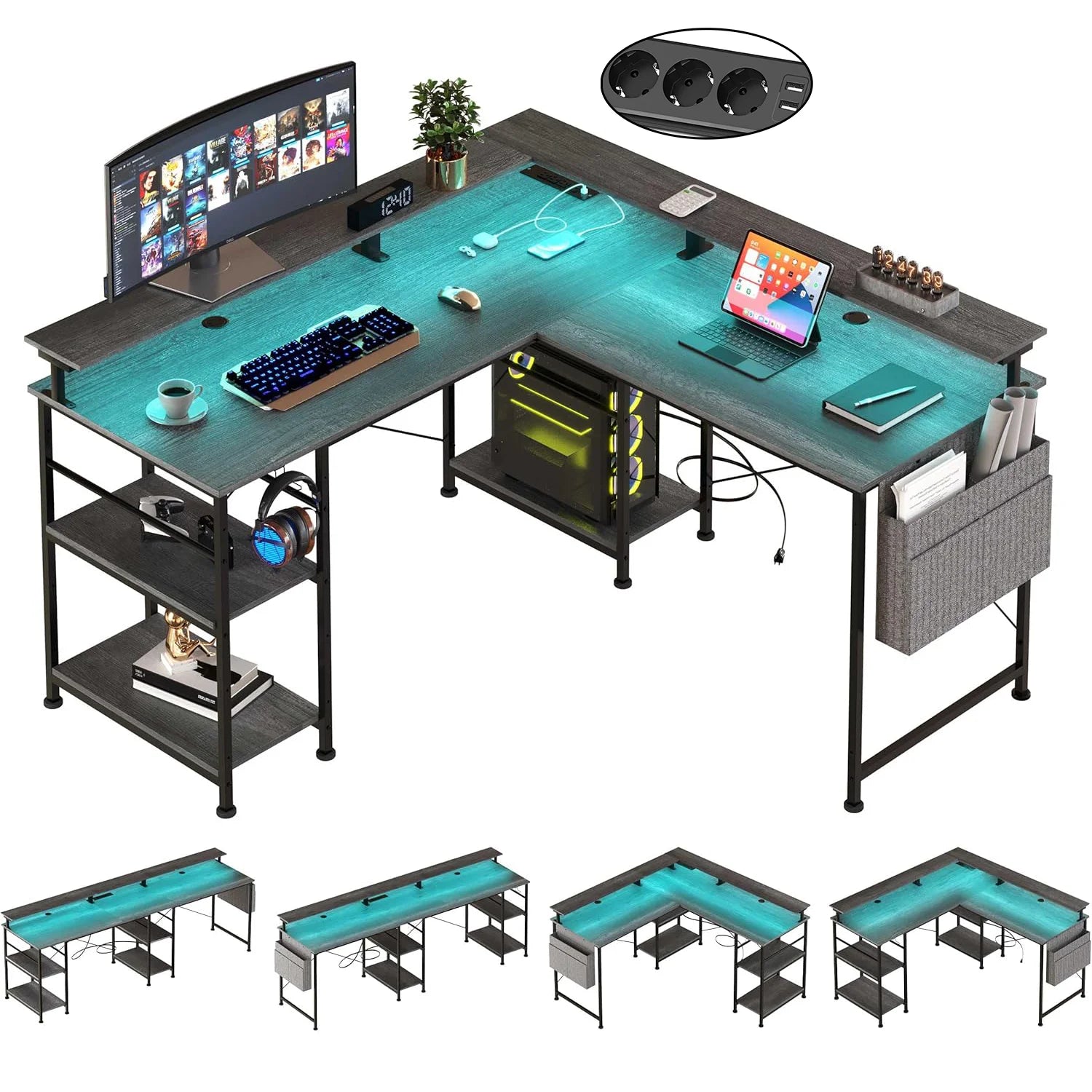 L-vormige Computerbureau met Opbergruimte, USB & LED RGB – Gaming en Kantoor Bureau Zwart/Grijs
