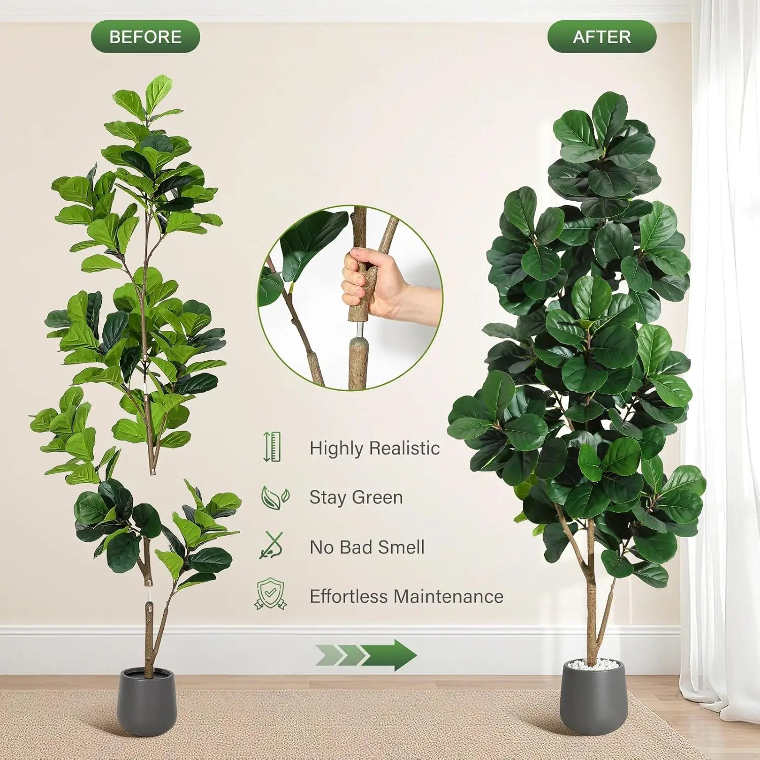 Kunstmatige Ficus Lyrata (Vioolbladplant) 120–210 cm met Witte Pot – Realistische Nep Plant voor Woonkamer & Kantoor