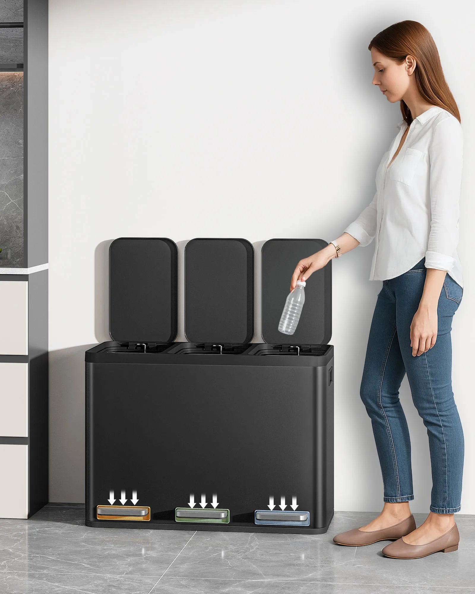 Moderne Keuken Prullenbak 45L – 3 Compartimenten Afvalscheiding – RVS Pedal Bin voor Keuken en Kantoor
