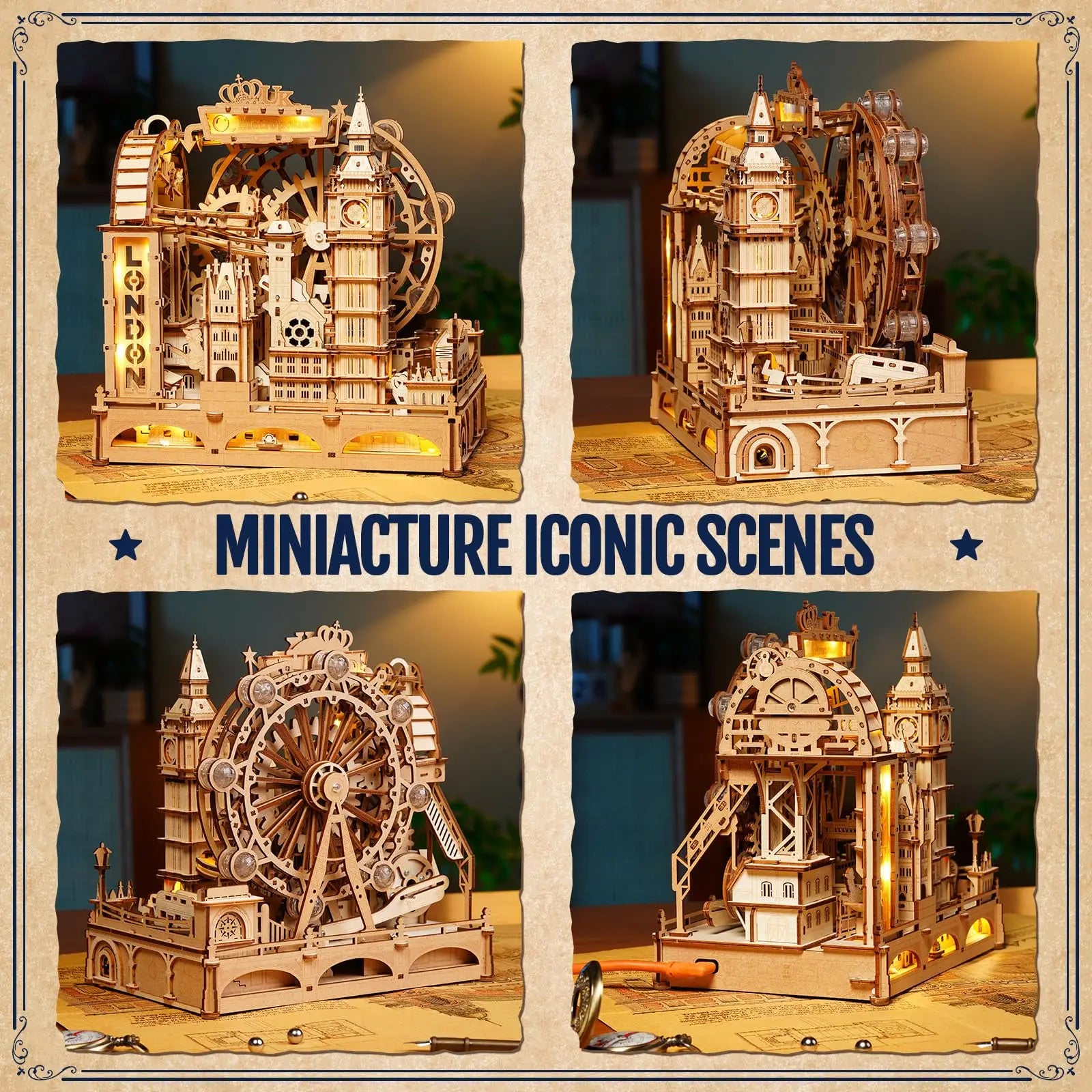 3D Houten Knikkerbaan Puzzel – Mechanische Marble Run Bouwset met Londen Thema – Interactieve STEM Puzzel voor Volwassenen en Tieners