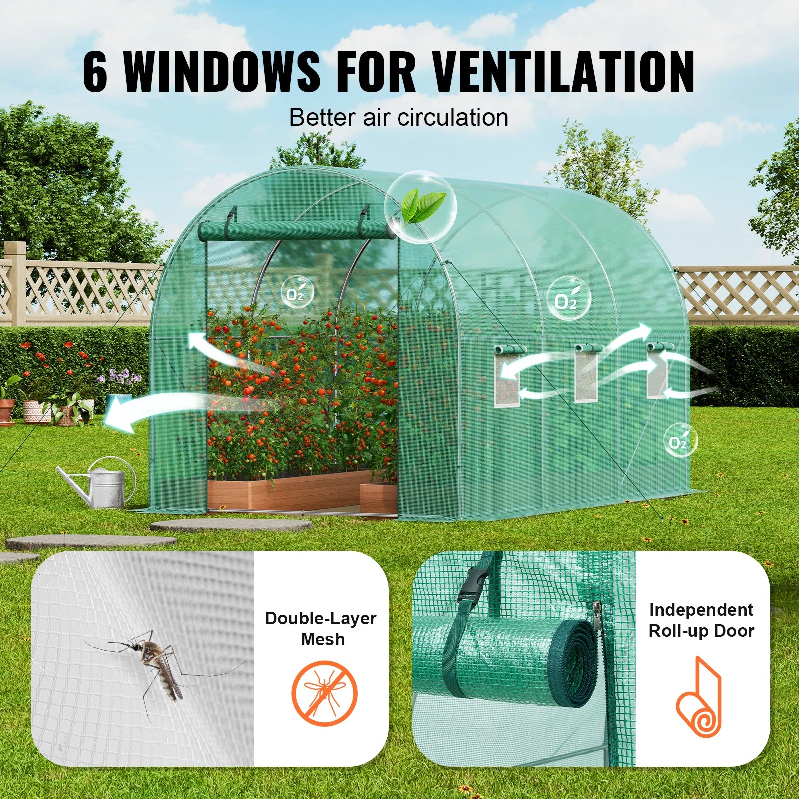 Wandelbare Tunnelkas met Stalen Frame 345×195×192 cm – Grote Inloop Tuinkas met PE Afdekking, Ritsdeur en Ventilatieramen