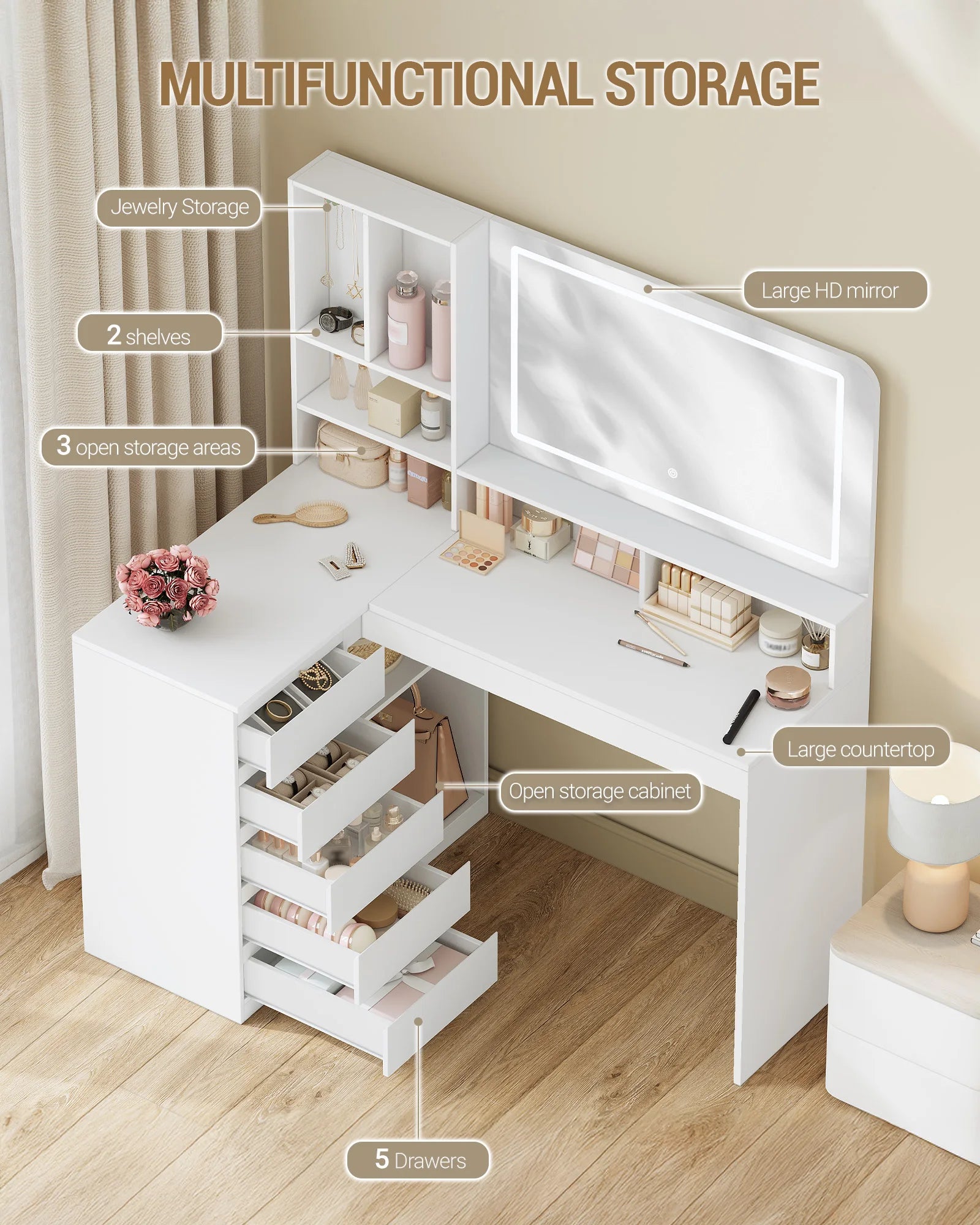 Kaptafel met Spiegel en LED Verlichting – L-Vormige Hoek Make-up Tafel met 5 Laden en Opbergruimte – Moderne Witte Dressing Table