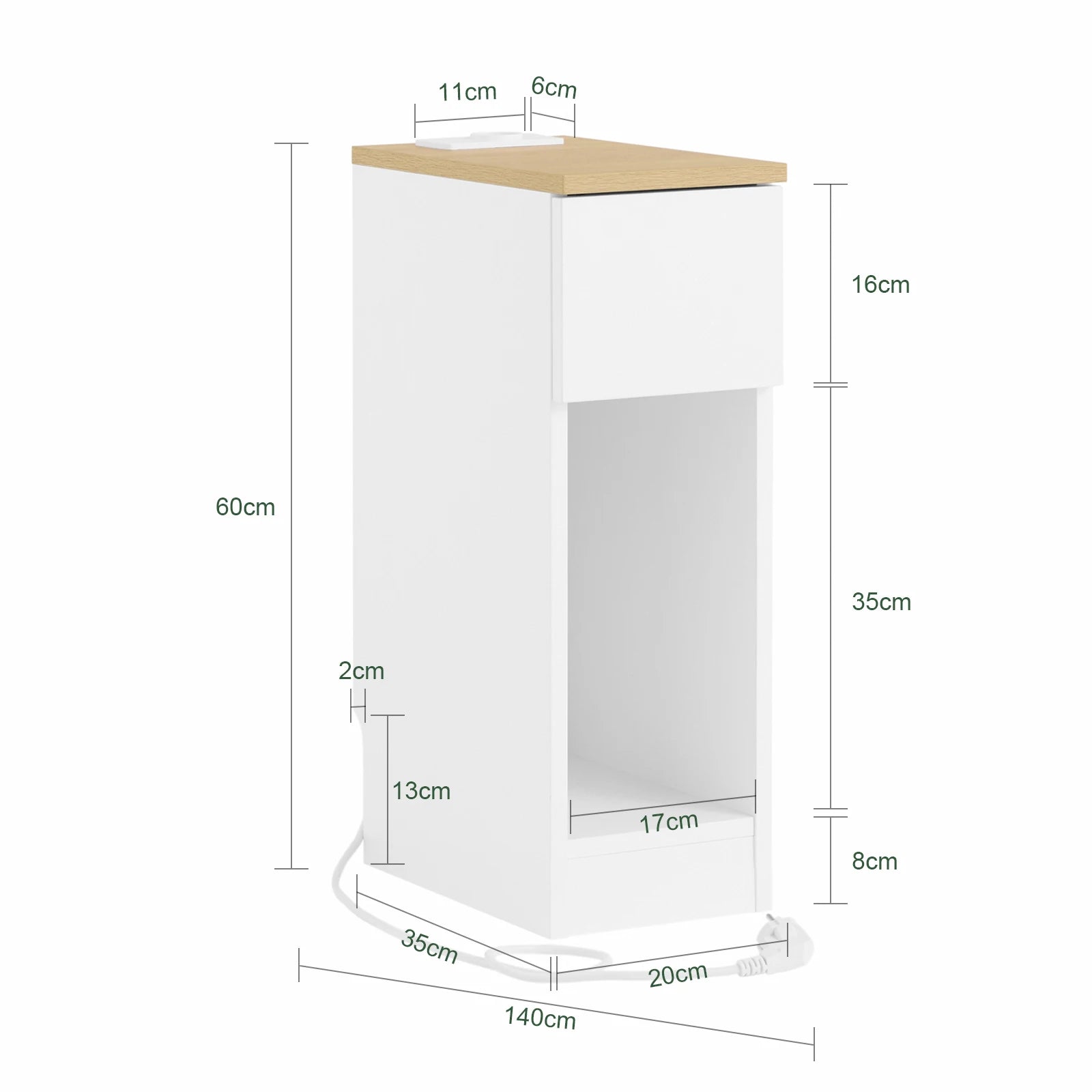 Modern smal nachtkastje met lade en opbergruimte – strak wit design