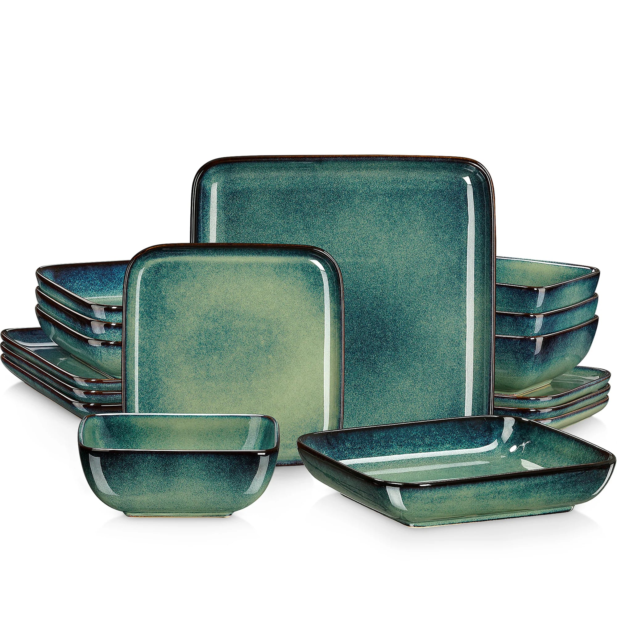 Stern Groen 16-Delige Serviesset – Modern Keramisch Dinnerservies voor 4 Personen – Vierkant Design – Blauw Groen Glazuur – Steengoed Servies