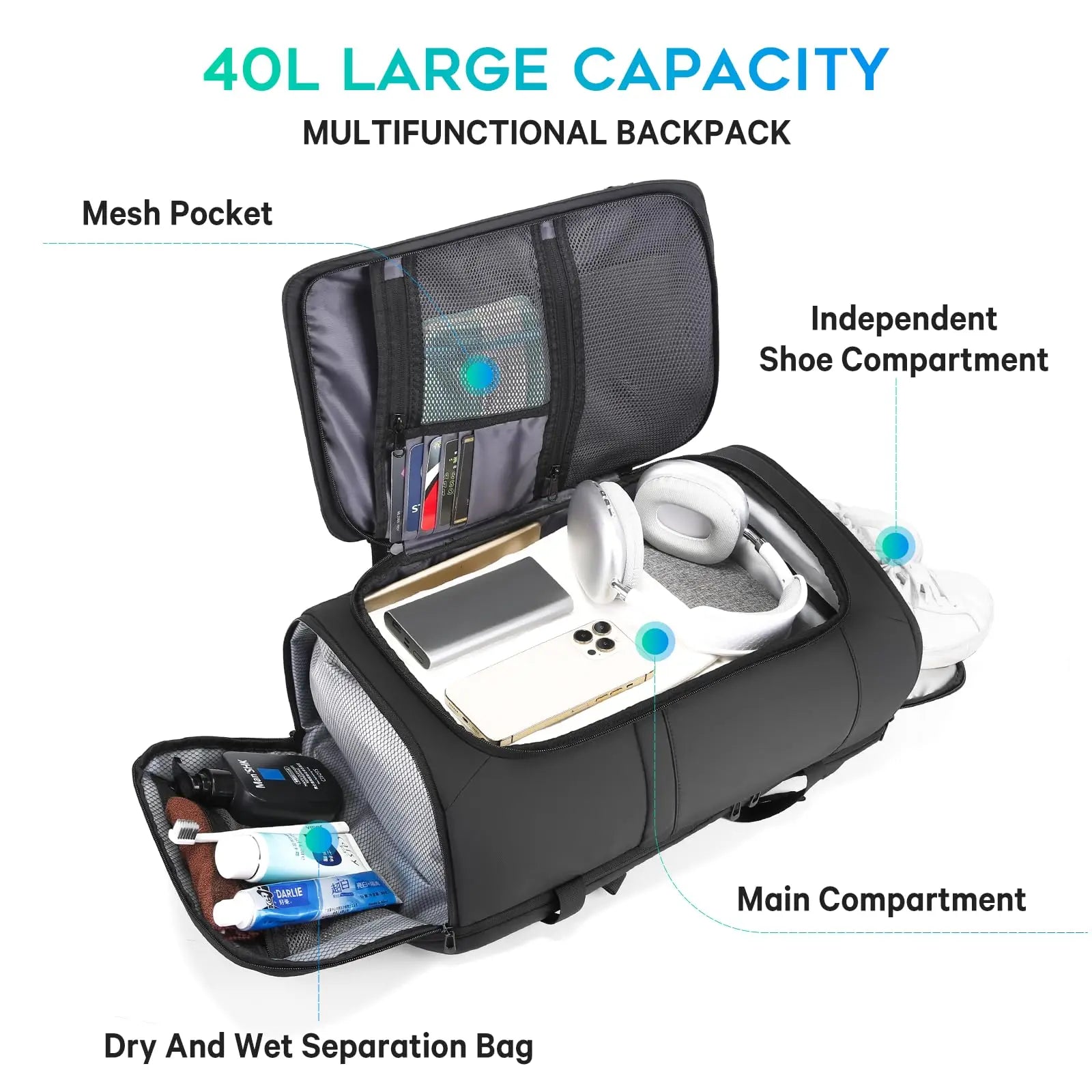 Grote Waterbestendige Rugzak – 36‑55L Voor Sport, Reis, Work & Outdoor Met Schoenvak & Laptopvak