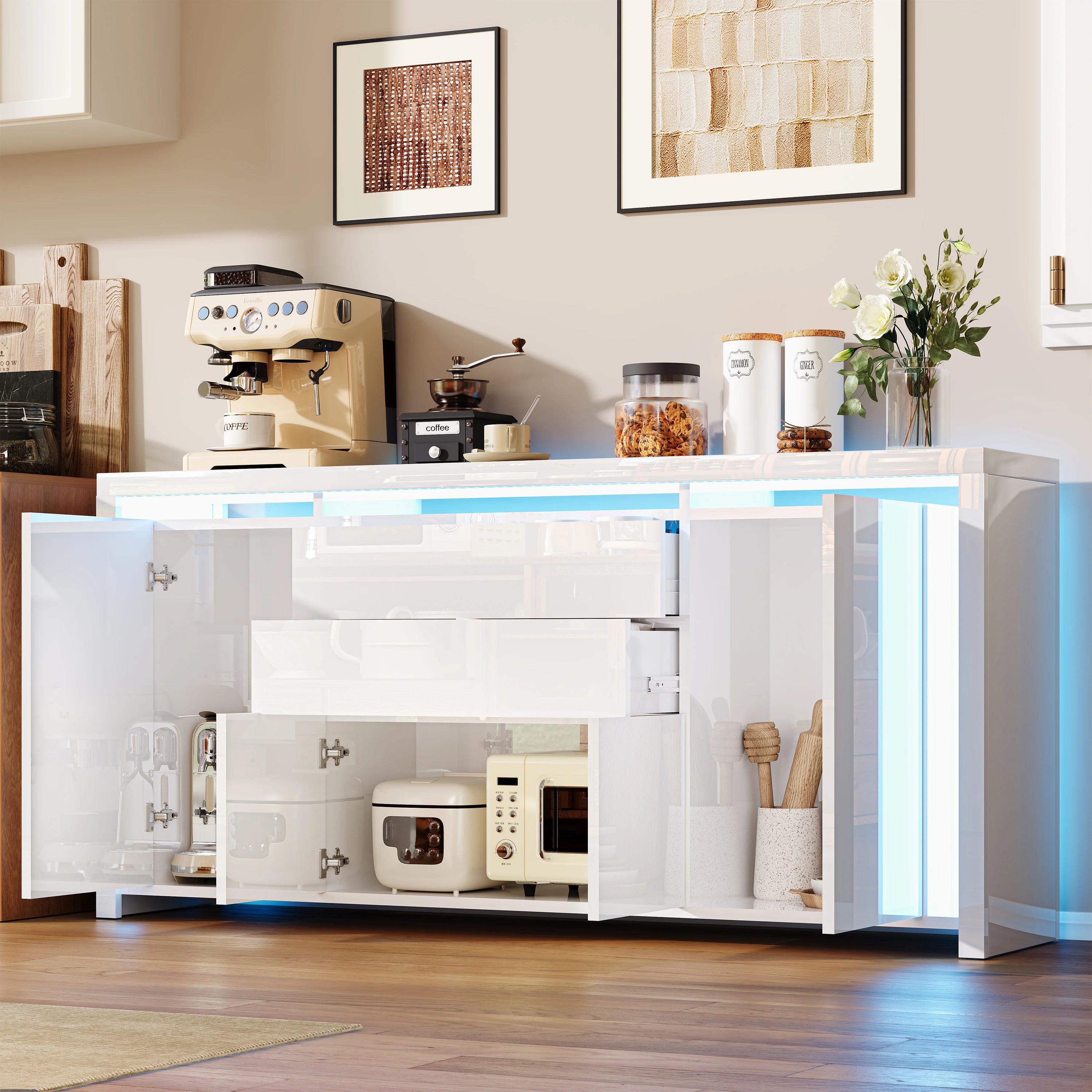 Hoogglans Buffetkast met LED Verlichting – Modern Dressoir met Opbergruimte