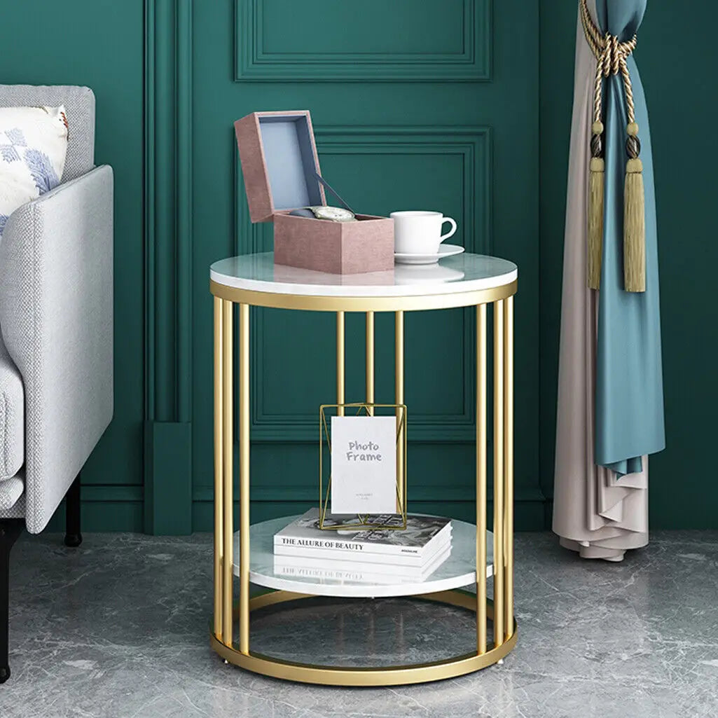 2-Laags Ronde Bijzettafel met Marmerlook – Moderne Salontafel & Nachtkastje met Opbergruimte – Wit Design