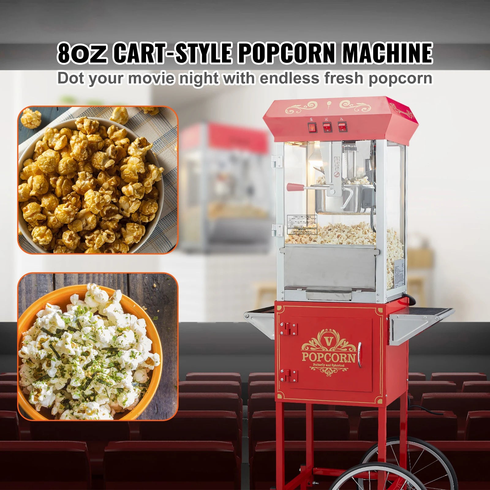 Professionele Popcornmaker met Kar – 8oz Ketel, 4 Schepjes – Commerciële Popcornmachine voor Evenementen en Kermissen