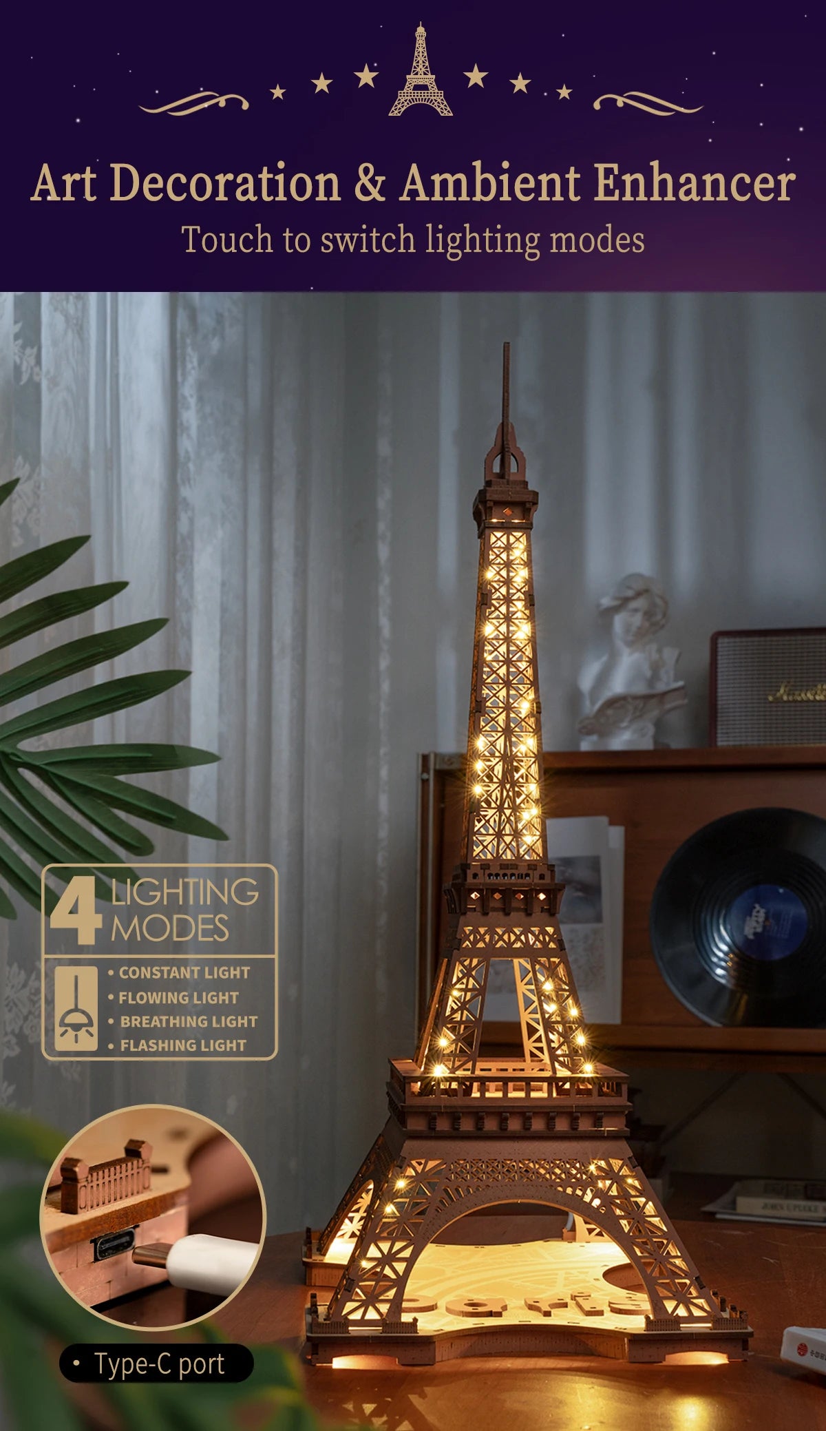 3D Houten Puzzel Eiffeltoren met LED Verlichting – Miniatuur Bouwpakket voor Volwassenen en Tieners – Decoratieve Modelbouw Set