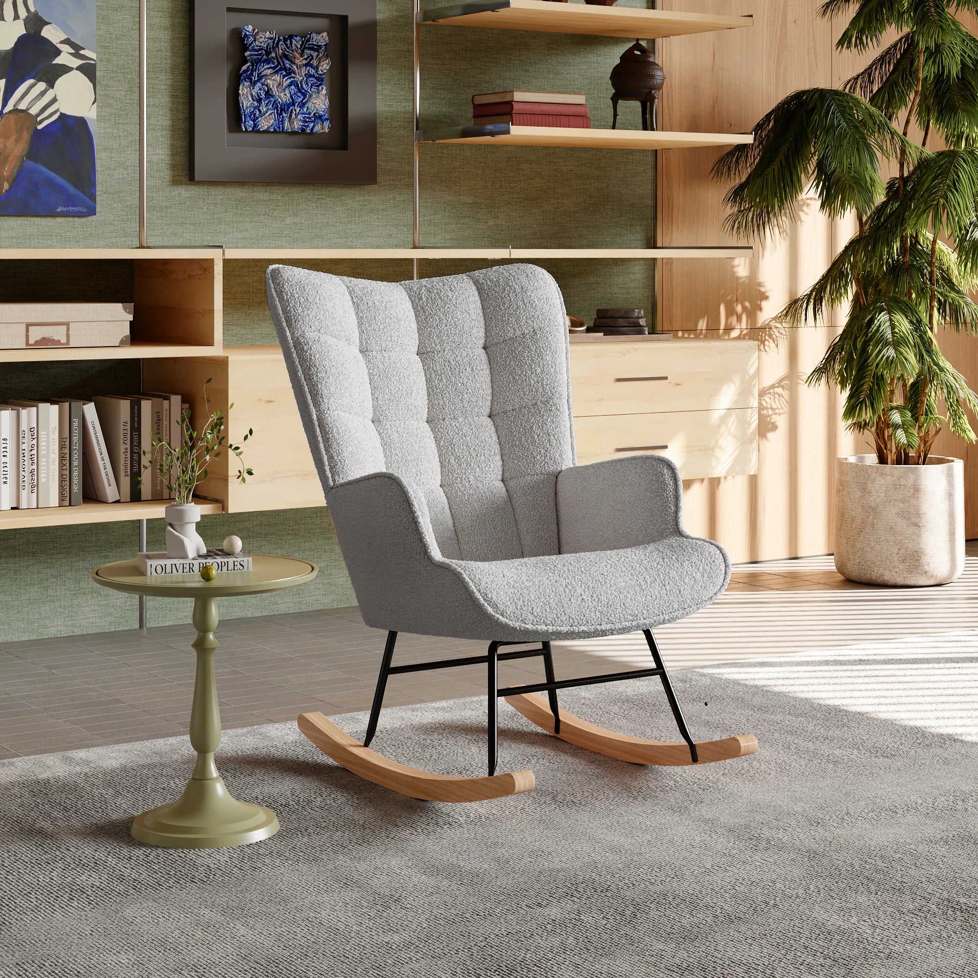 Moderne zachte pluche schommelstoel met armleuningen – comfortabele woonkamer stoel