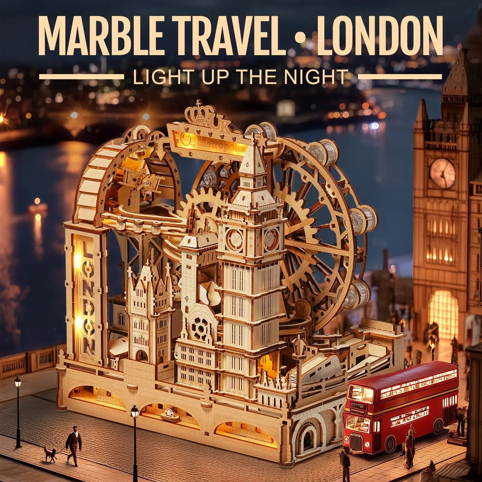 3D Houten Knikkerbaan Puzzel – Mechanische Marble Run Bouwset met Londen Thema – Interactieve STEM Puzzel voor Volwassenen en Tieners