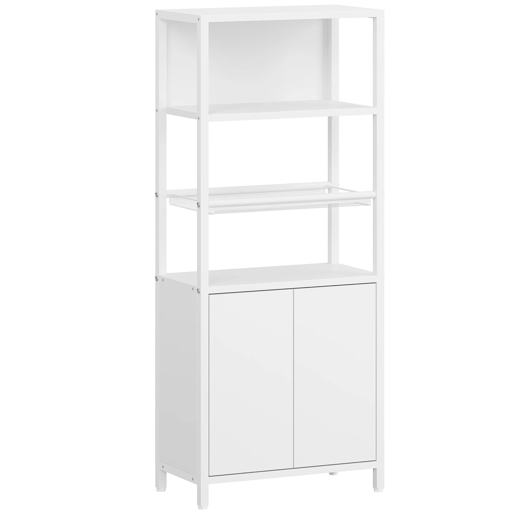 Hoge badkamerkast met deuren, open plank en geventileerd metalen rek – multifunctionele opbergkast (wit)