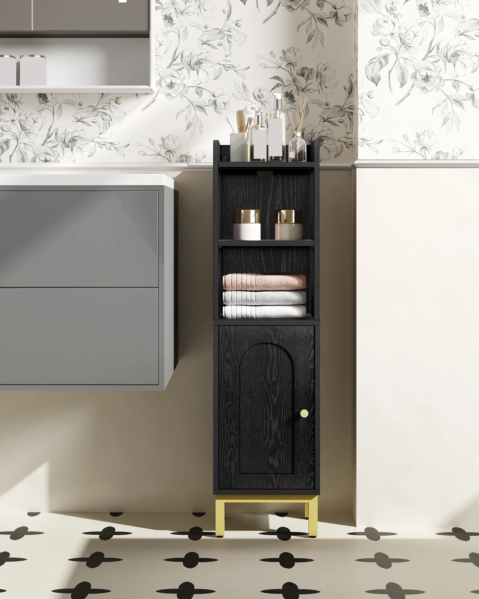 Smalle Badkamerkast met Deur en Verstelbare Planken – Ruimtebesparende Toiletkast – Moderne Badkamer Opbergkast Wit/Zwart