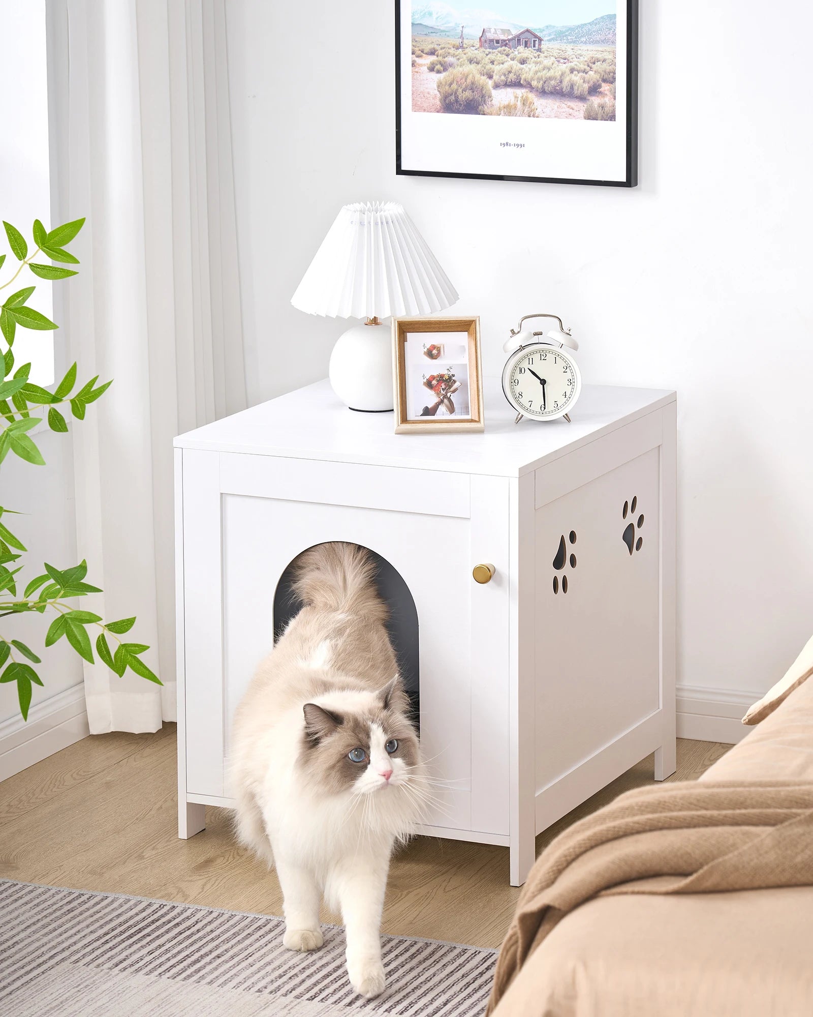 Verborgen kattenbakmeubel – Luxe houten kattenhuis met zijtafelfunctie