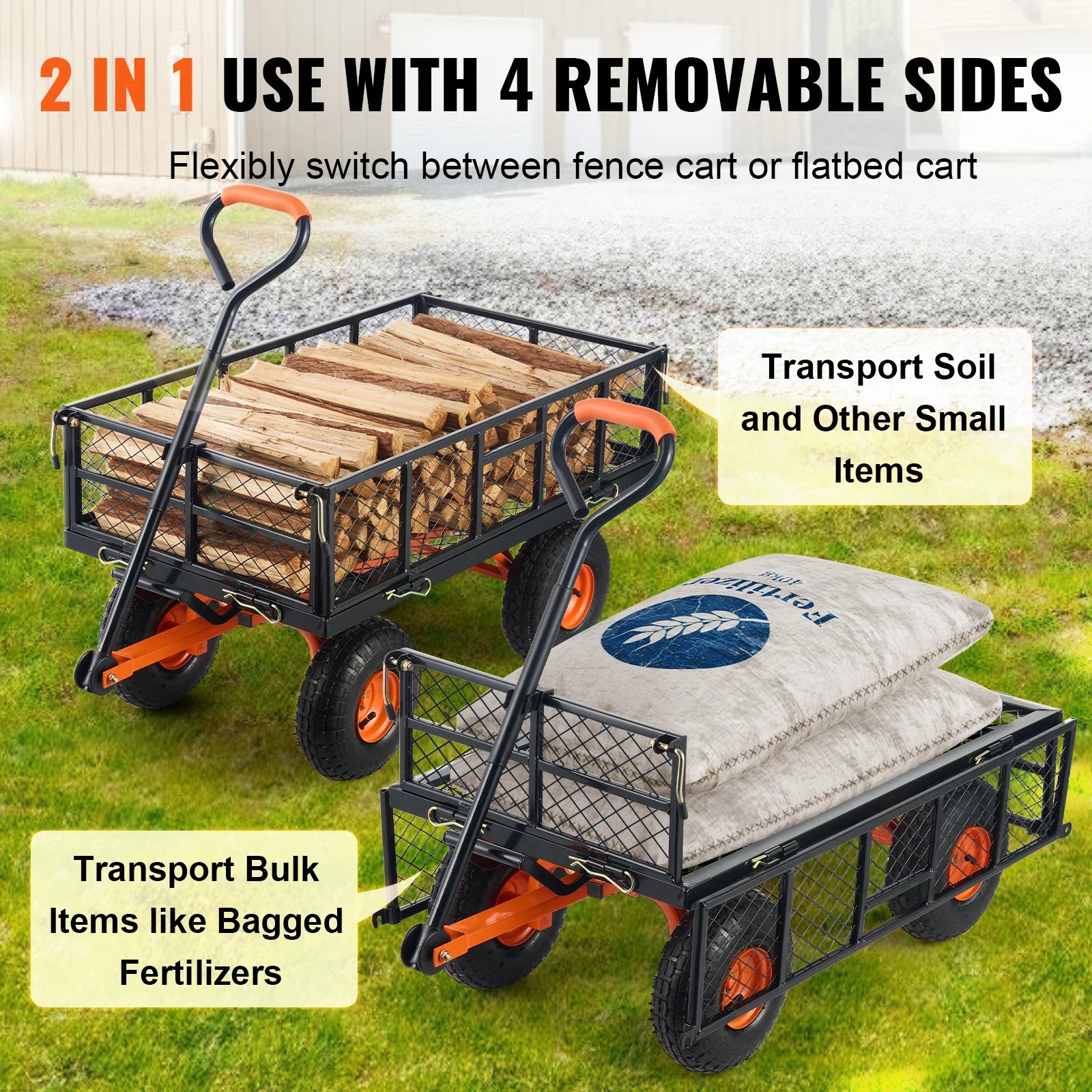 Tuinkar Metalen Kiepwagen 400 kg – Stevige Tuinwagen met 360° Wielen en Afneembare Zijpanelen