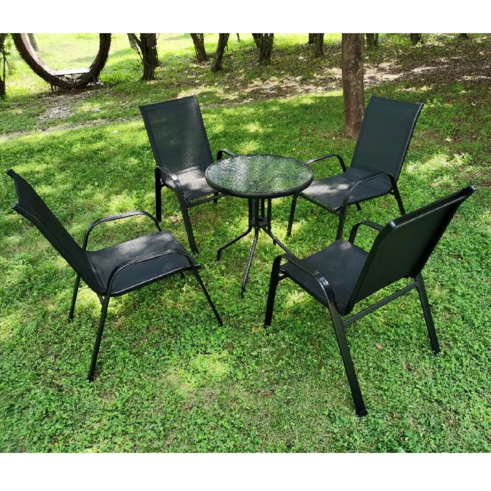 Set van 4 Stapelbare Tuinstoelen – Metalen Tuinstoelen met Hoge Rugleuning & Teslin Zitting – Zwart – Tot 150 kg