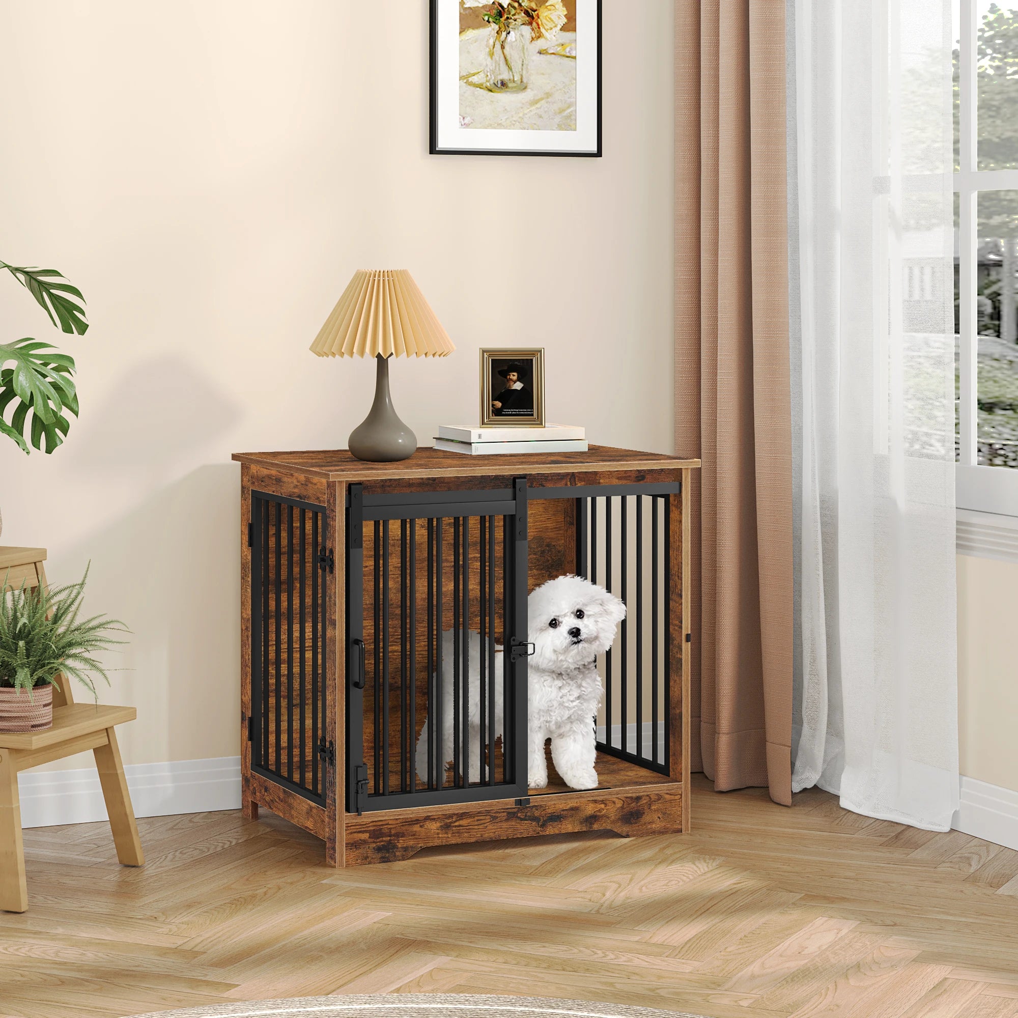 Houten Hondenbench Meubel met 2 Deuren – Industriële Hondenkooi Binnen – Hond Bench Tafel voor Kleine Honden – Vintage Bruin